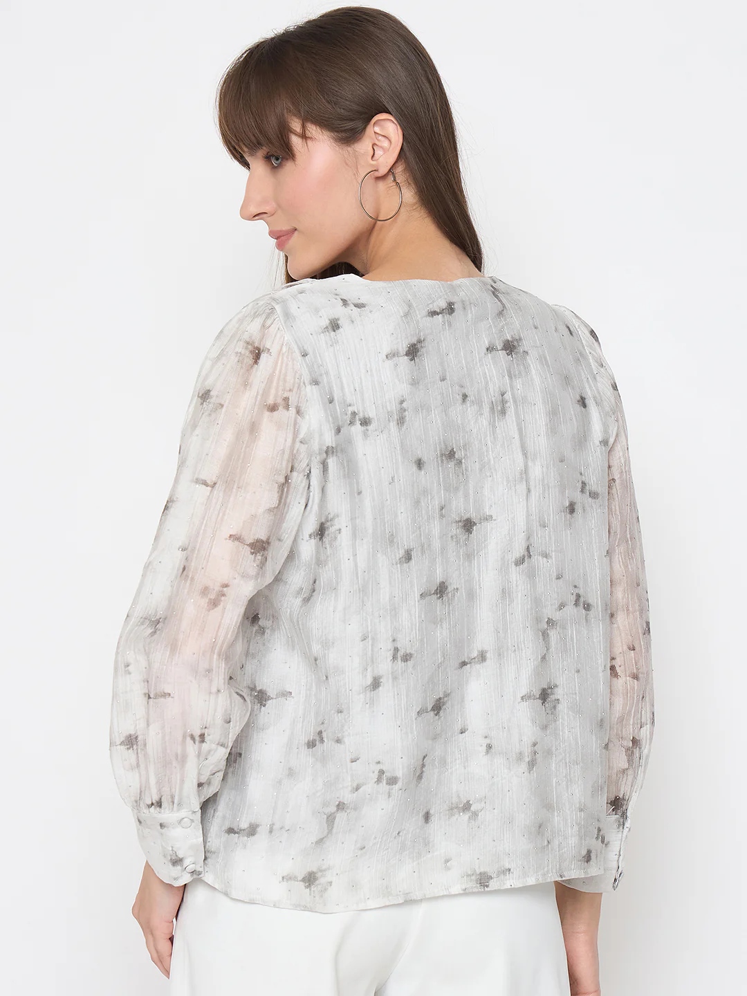 Madame Nylon Printed Embellished Grey Overlapping Top - Image 6
