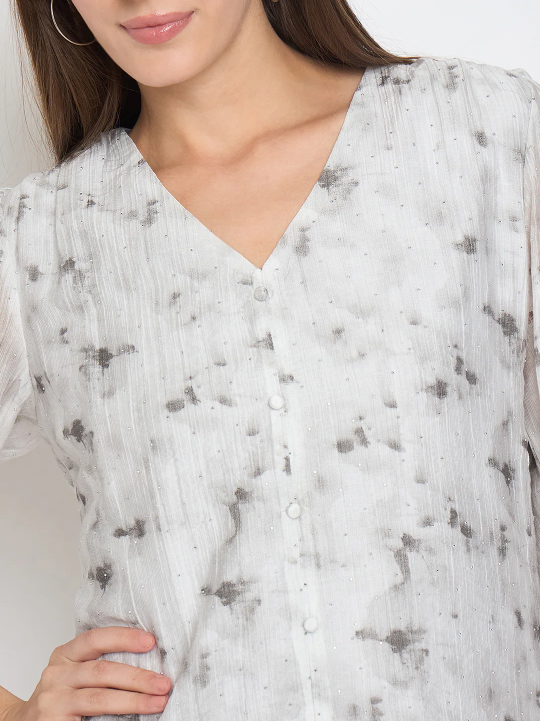 Madame Nylon Printed Embellished Grey Overlapping Top - Image 7