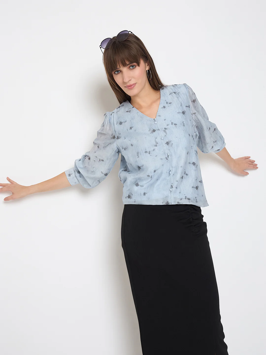 Madame Nylon Printed Embellished Ice Blue Overlapping Top
