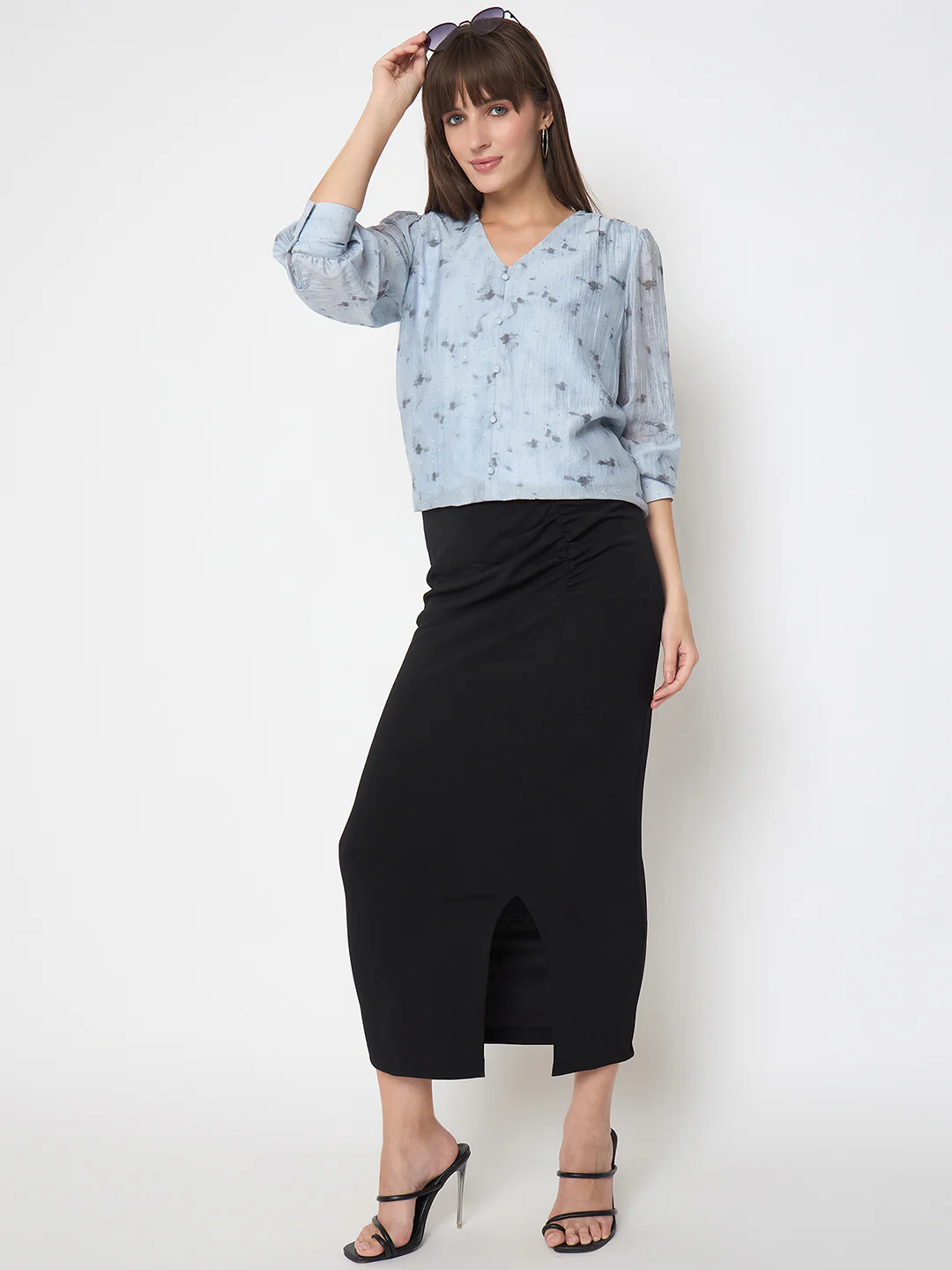 Madame Nylon Printed Embellished Ice Blue Overlapping Top - Image 2