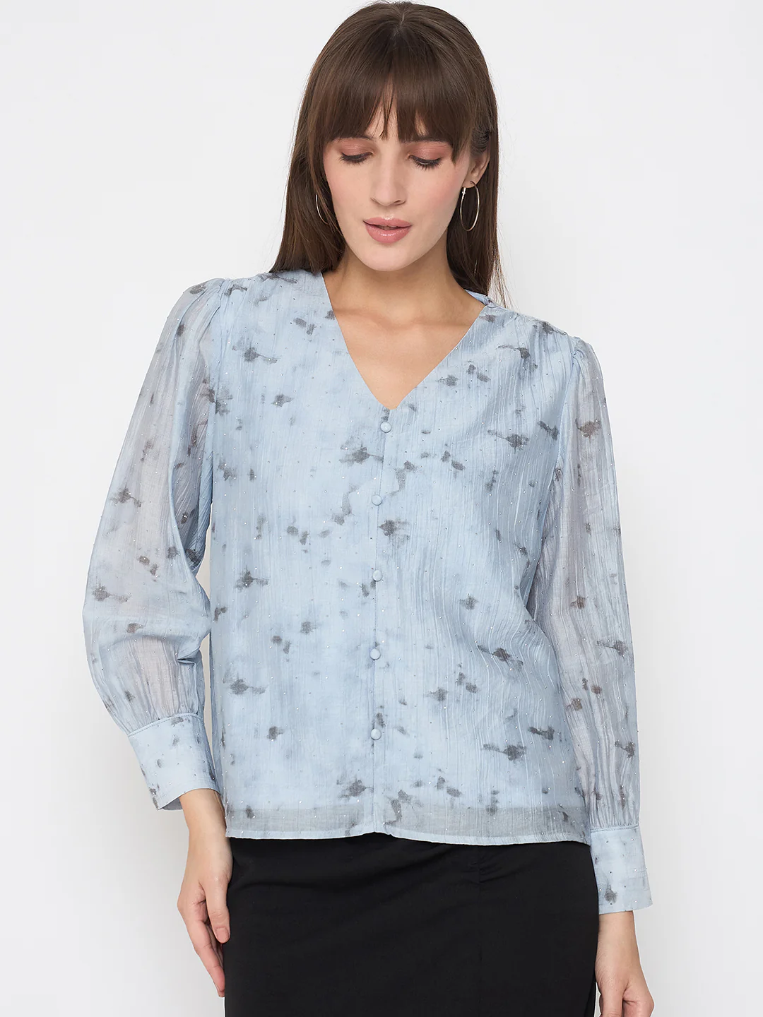 Madame Nylon Printed Embellished Ice Blue Overlapping Top - Image 3