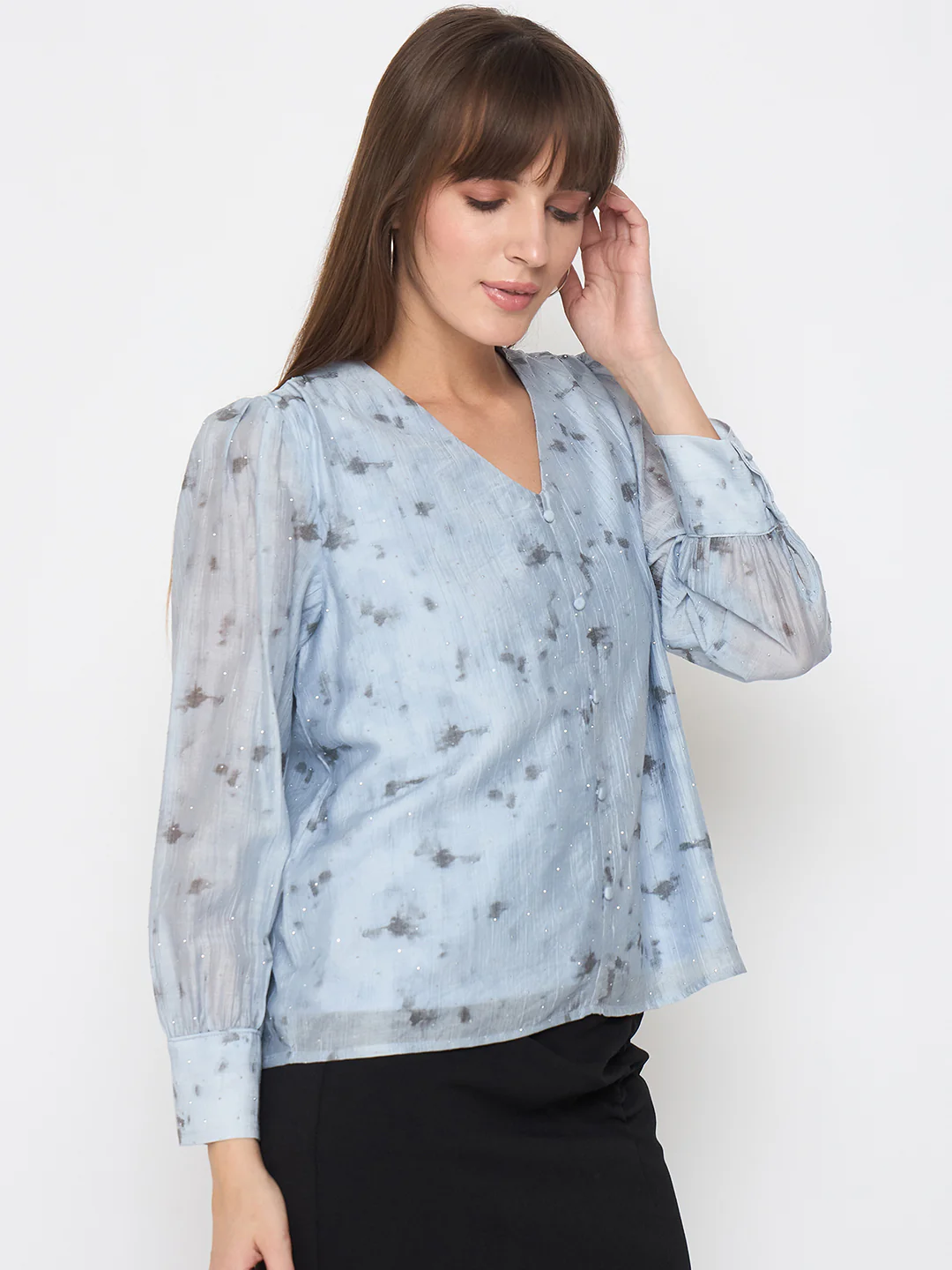 Madame Nylon Printed Embellished Ice Blue Overlapping Top - Image 4