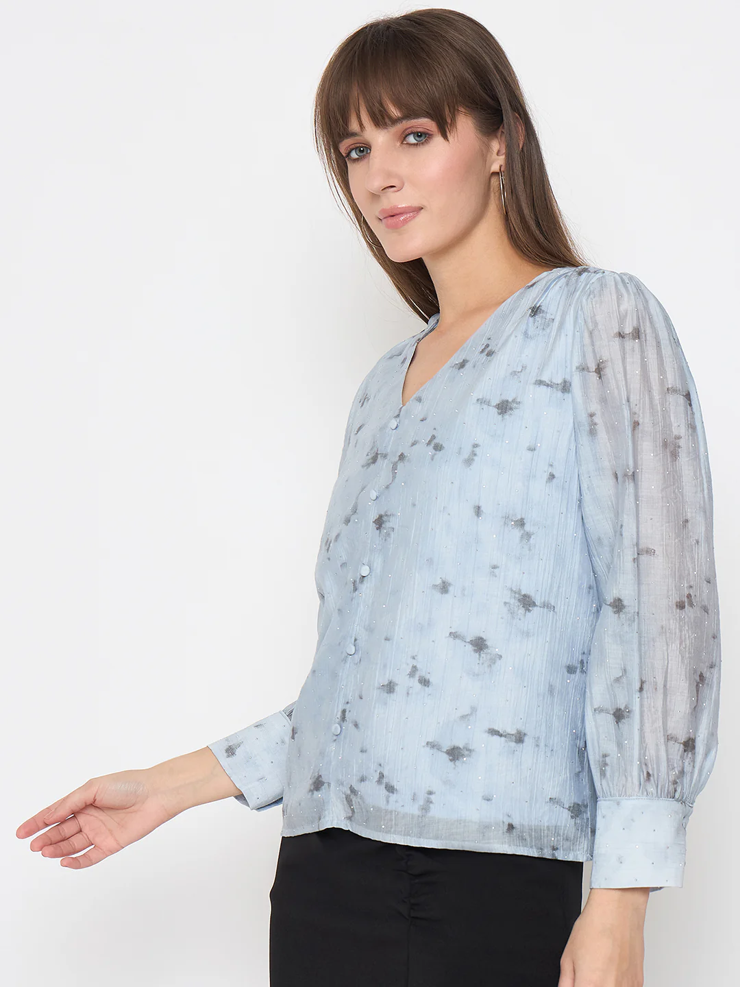 Madame Nylon Printed Embellished Ice Blue Overlapping Top - Image 5