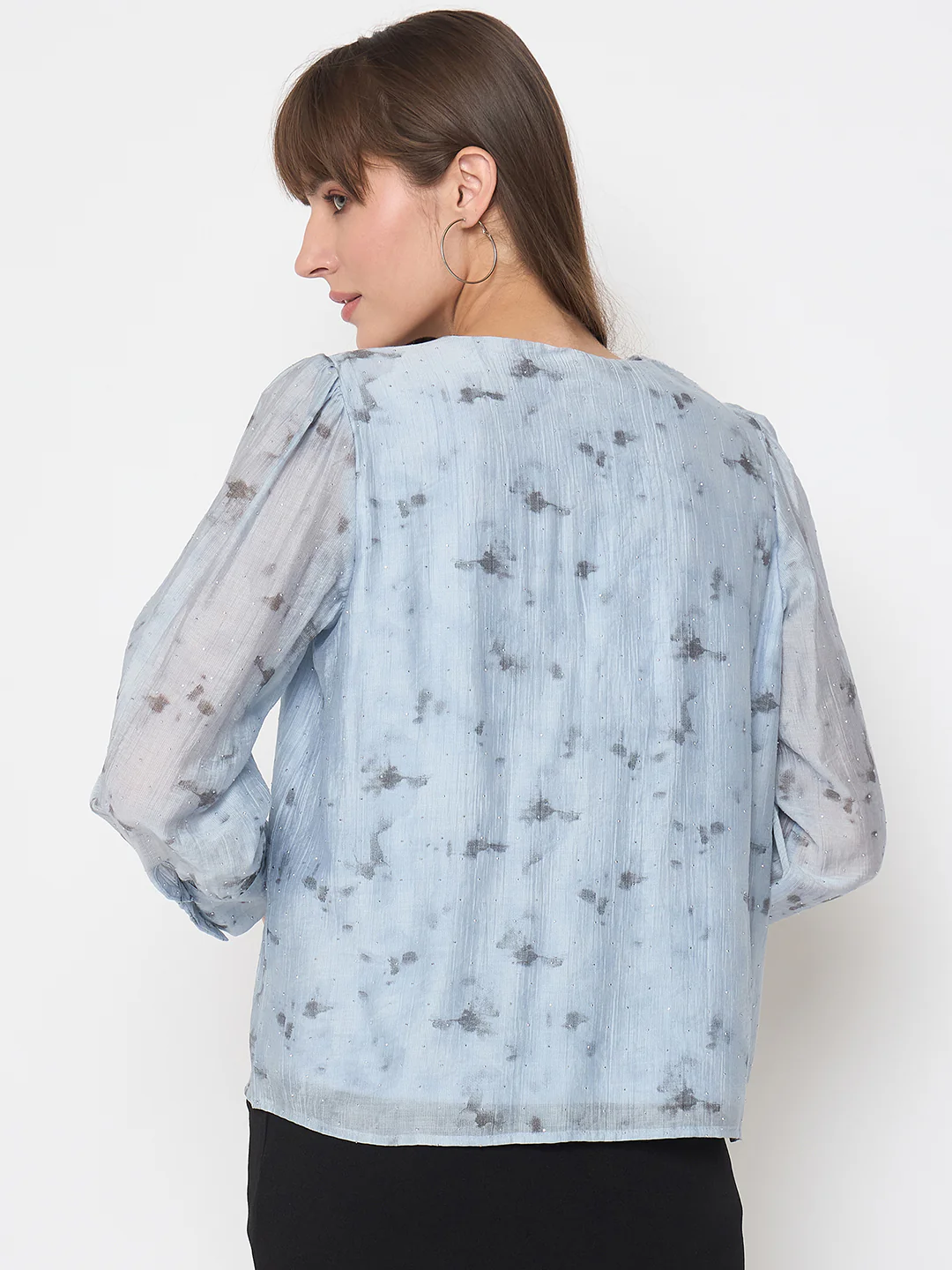Madame Nylon Printed Embellished Ice Blue Overlapping Top - Image 6