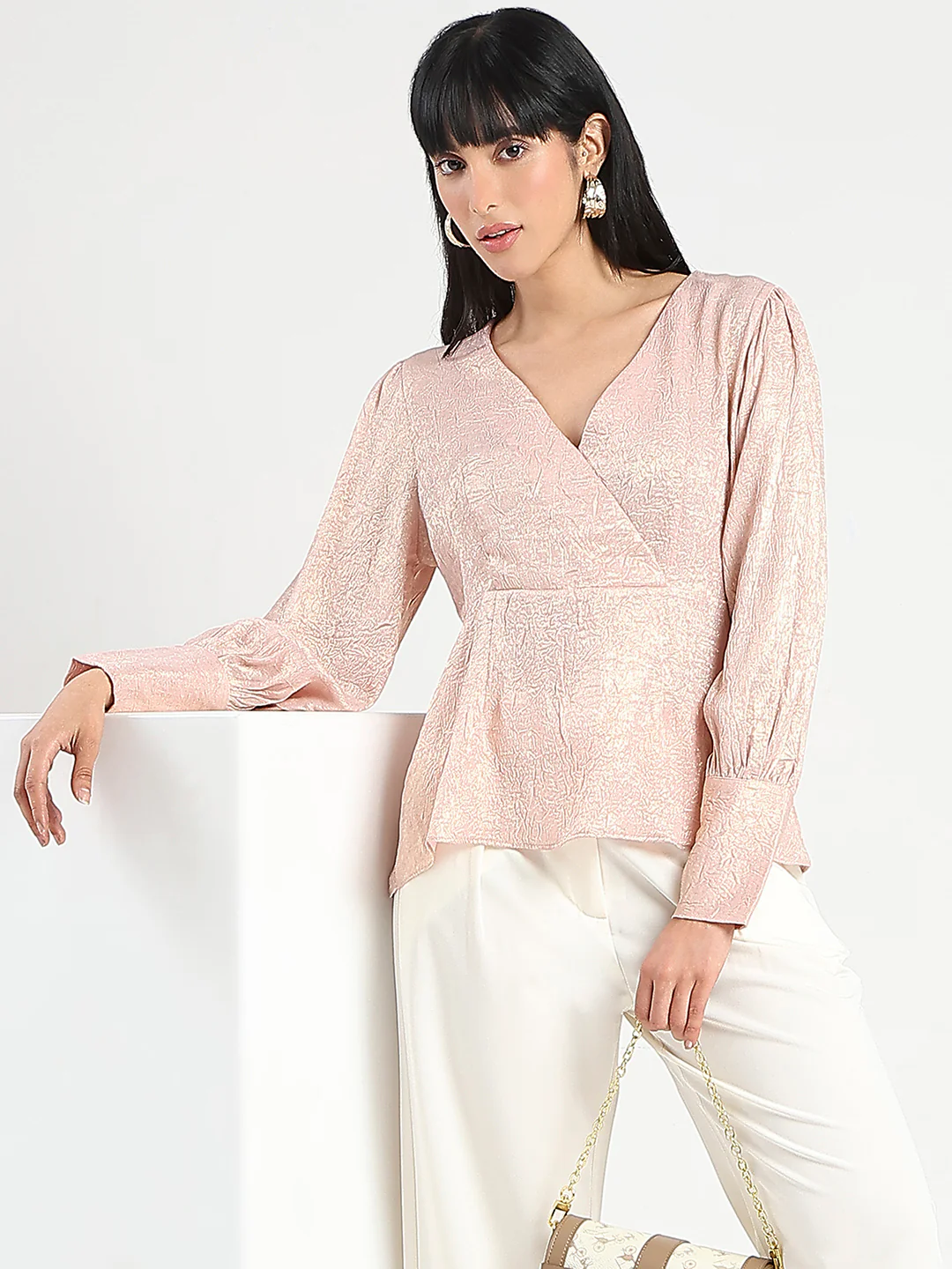 Madame Textured Pleat Detail Cinch Waist Peach Top