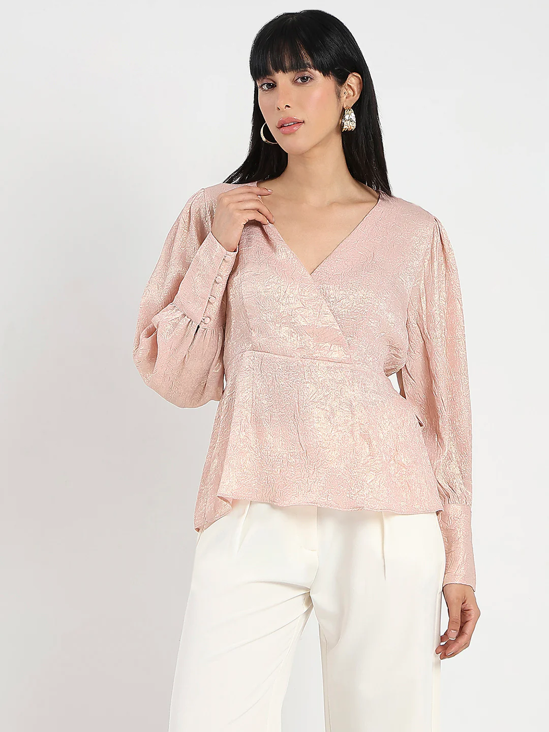 Madame Textured Pleat Detail Cinch Waist Peach Top - Image 3