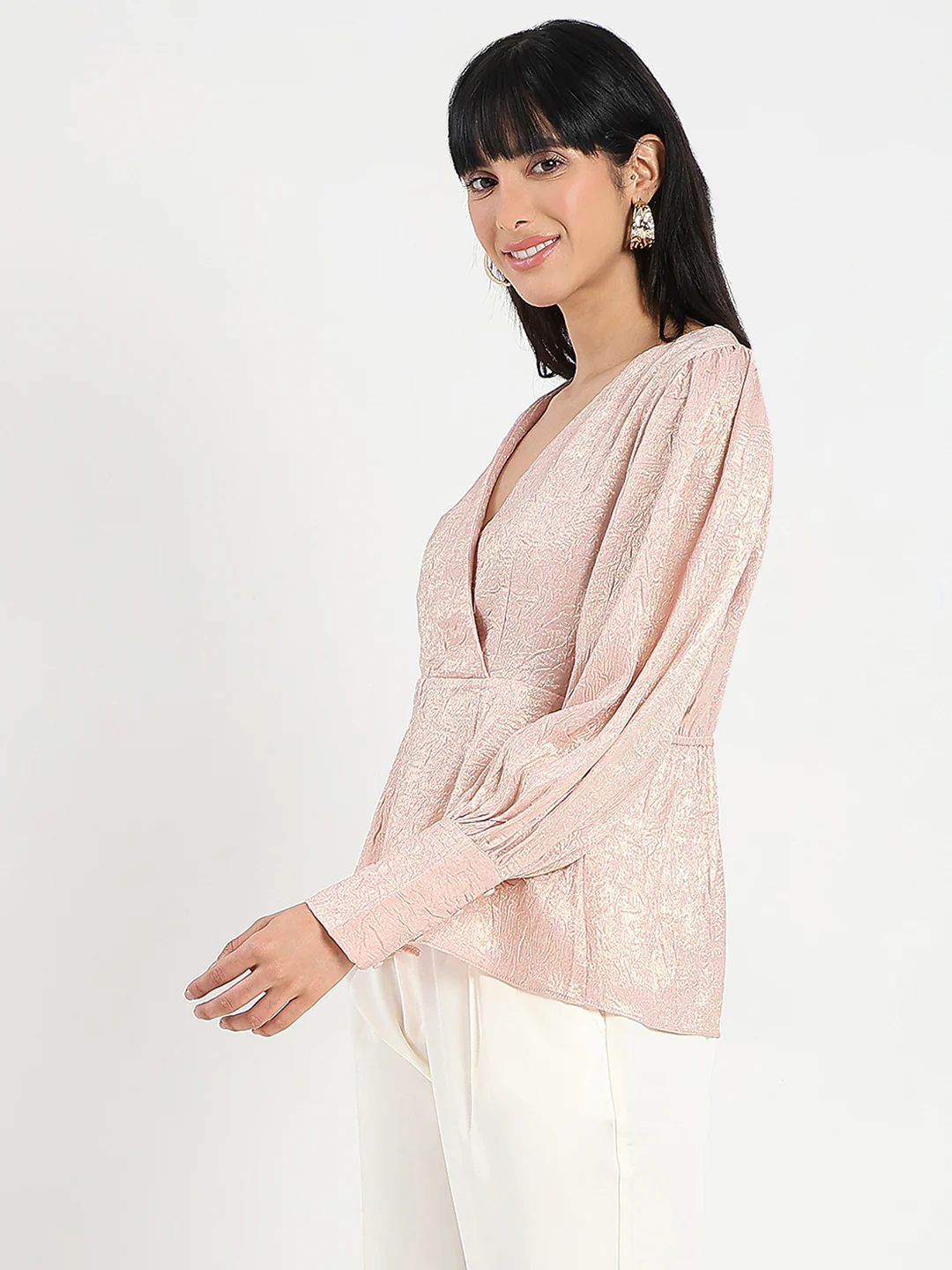 Madame Textured Pleat Detail Cinch Waist Peach Top - Image 5
