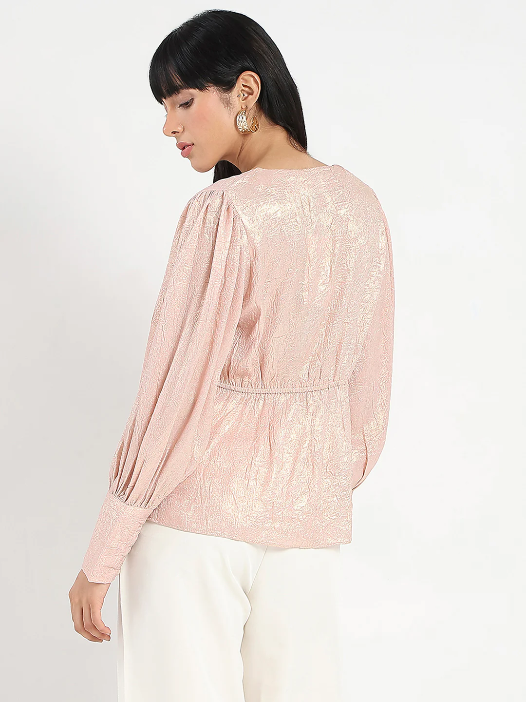 Madame Textured Pleat Detail Cinch Waist Peach Top - Image 6