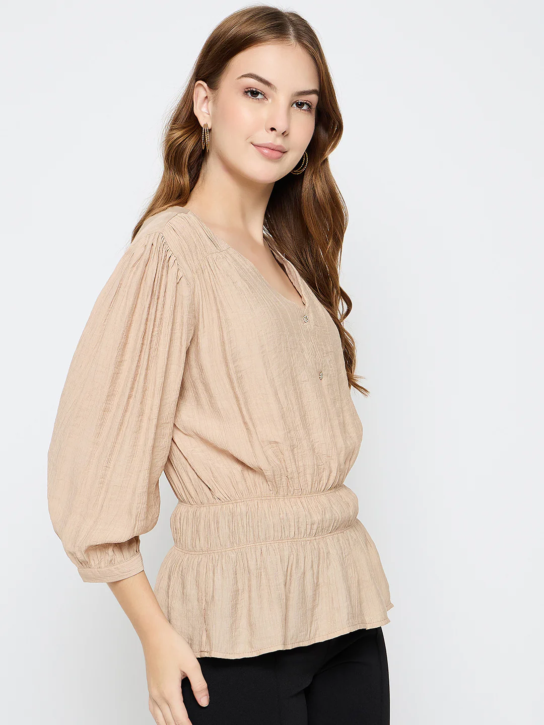 Madame Solid Rayon Blend Beige Peplum Top - Image 4