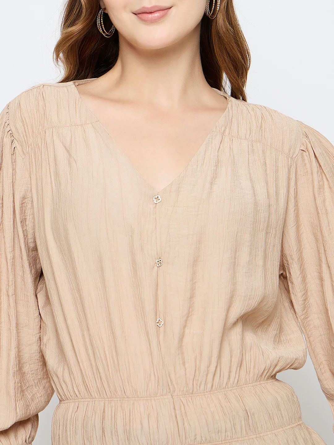 Madame Solid Rayon Blend Beige Peplum Top - Image 7