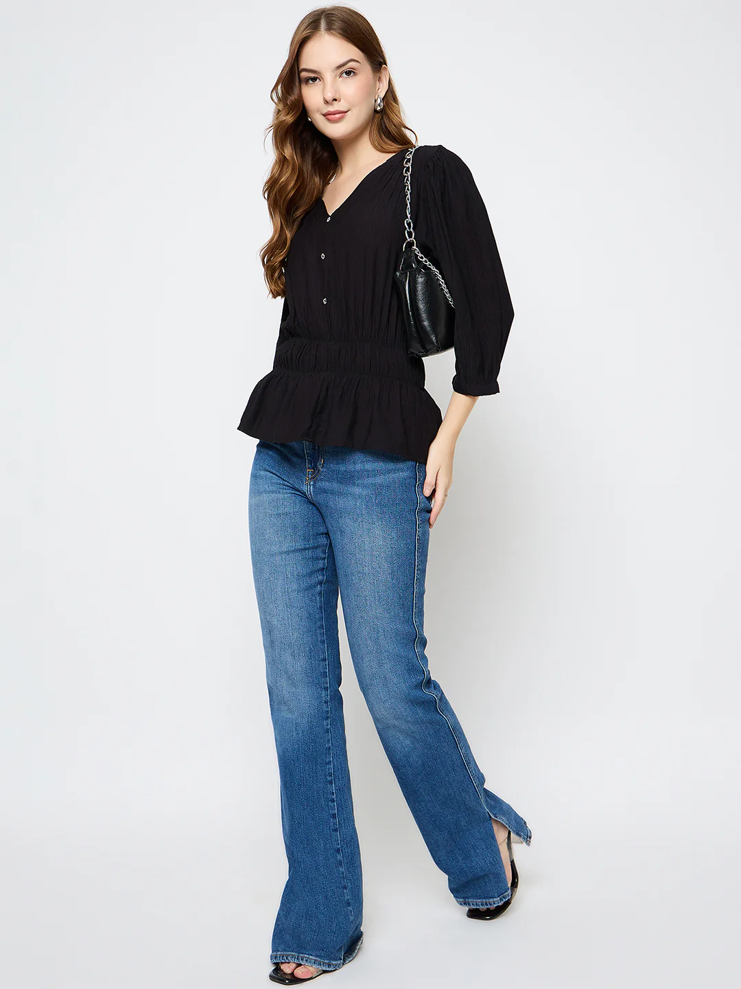 Madame Solid Rayon Blend Black Peplum Top - Image 2