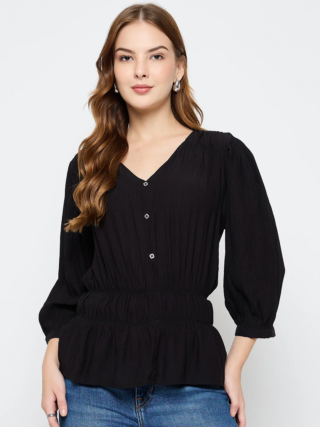 Madame Solid Rayon Blend Black Peplum Top - Image 3