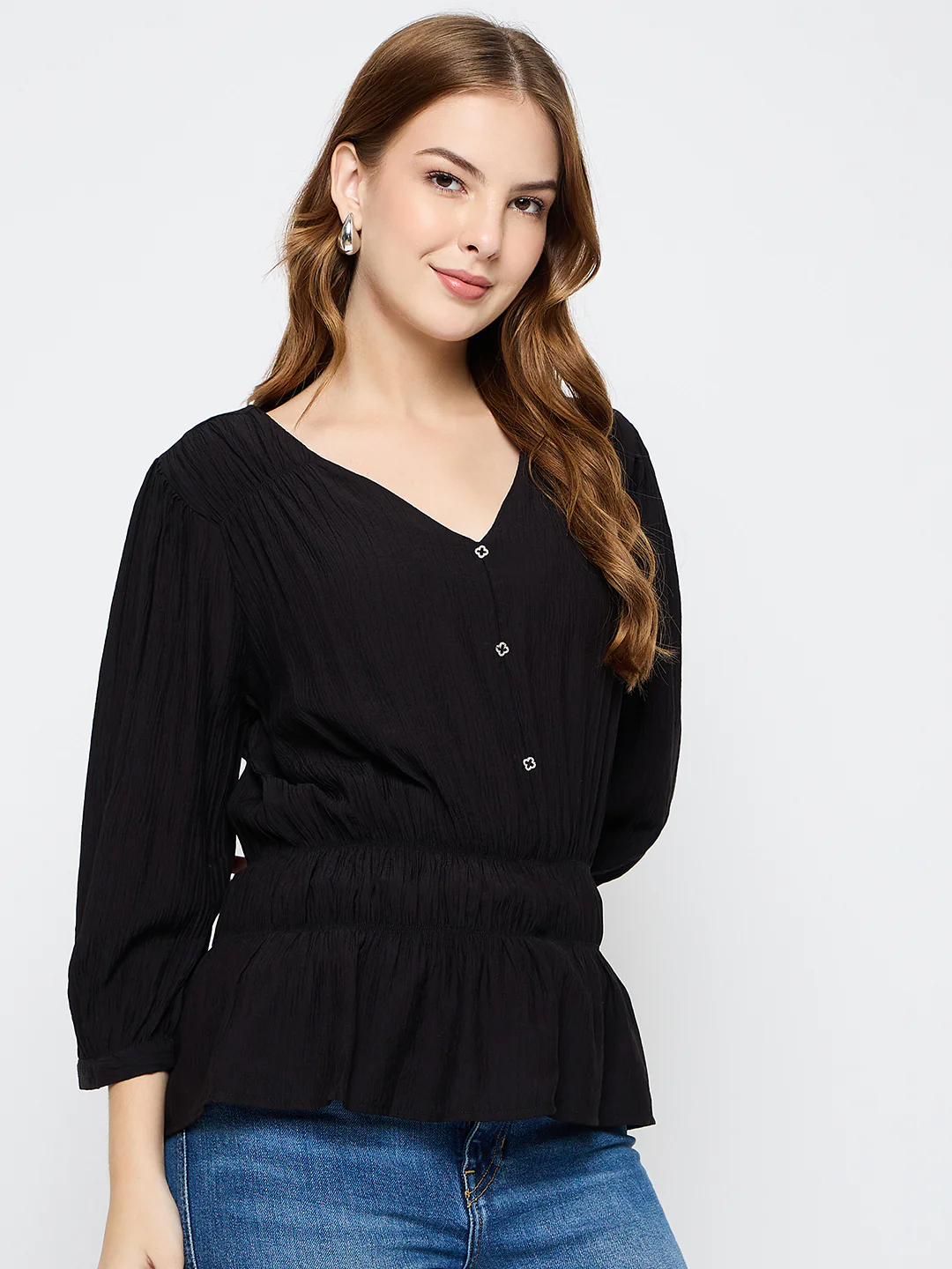 Madame Solid Rayon Blend Black Peplum Top - Image 4