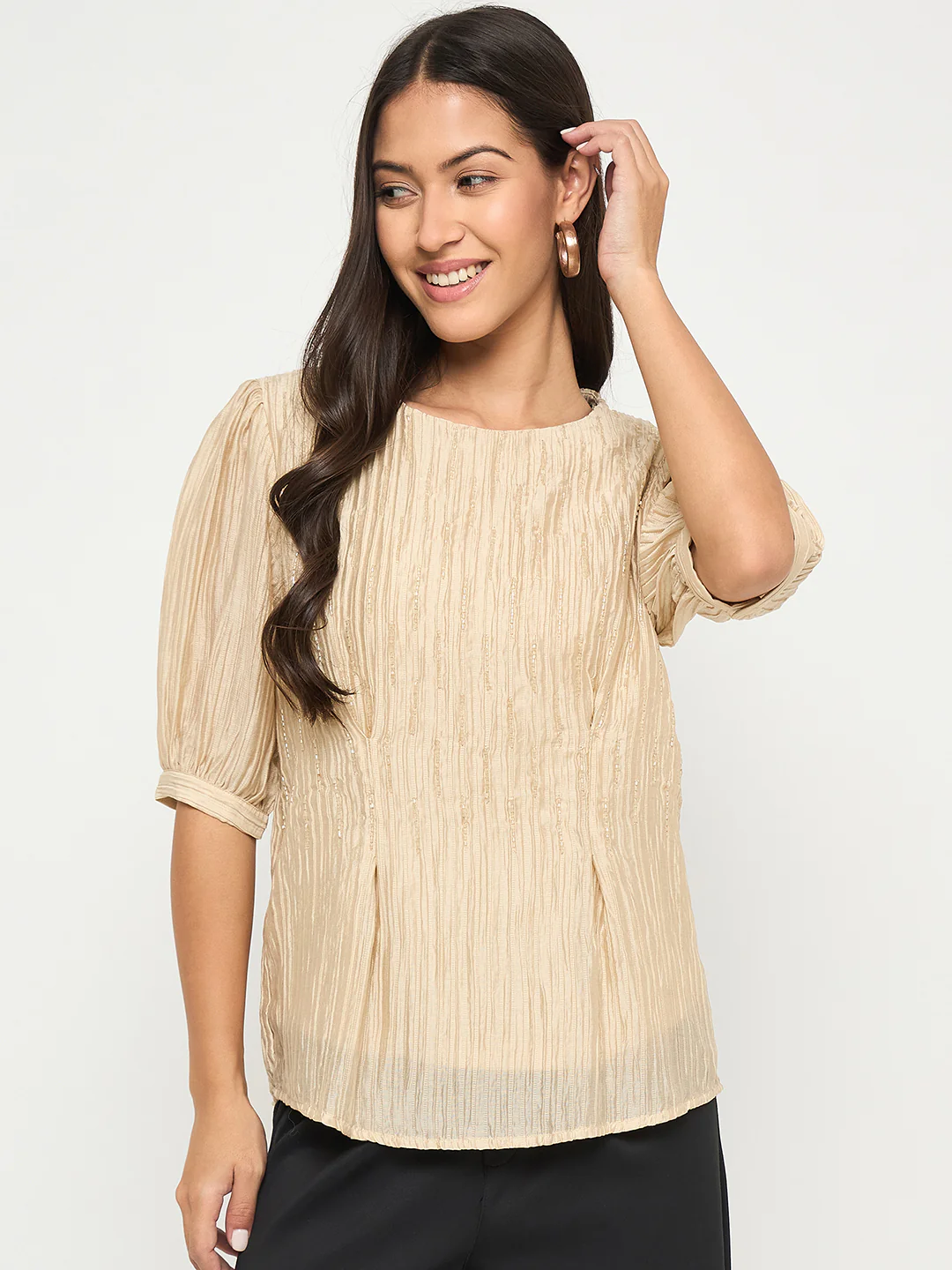 Madame Textured Embellished Tencel Blend Beige Top - Image 3