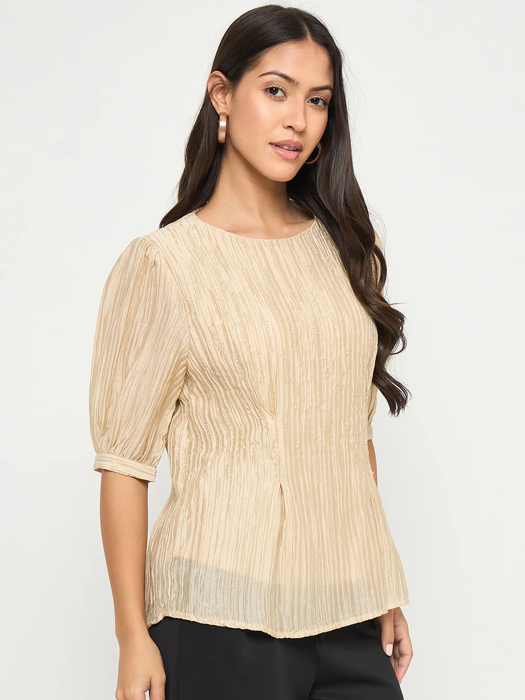 Madame Textured Embellished Tencel Blend Beige Top - Image 4