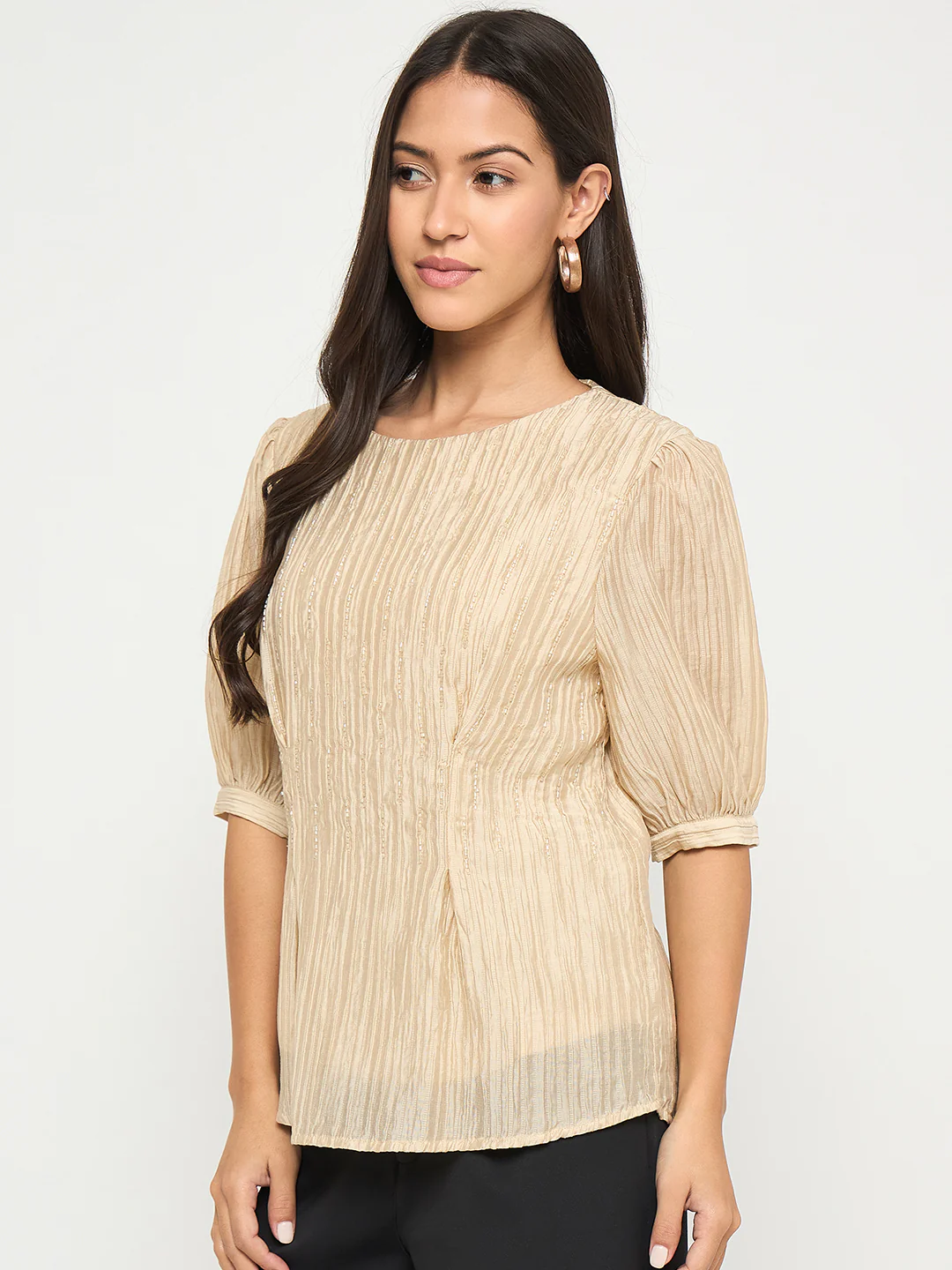 Madame Textured Embellished Tencel Blend Beige Top - Image 5