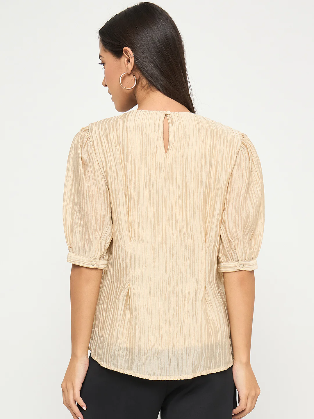 Madame Textured Embellished Tencel Blend Beige Top - Image 6
