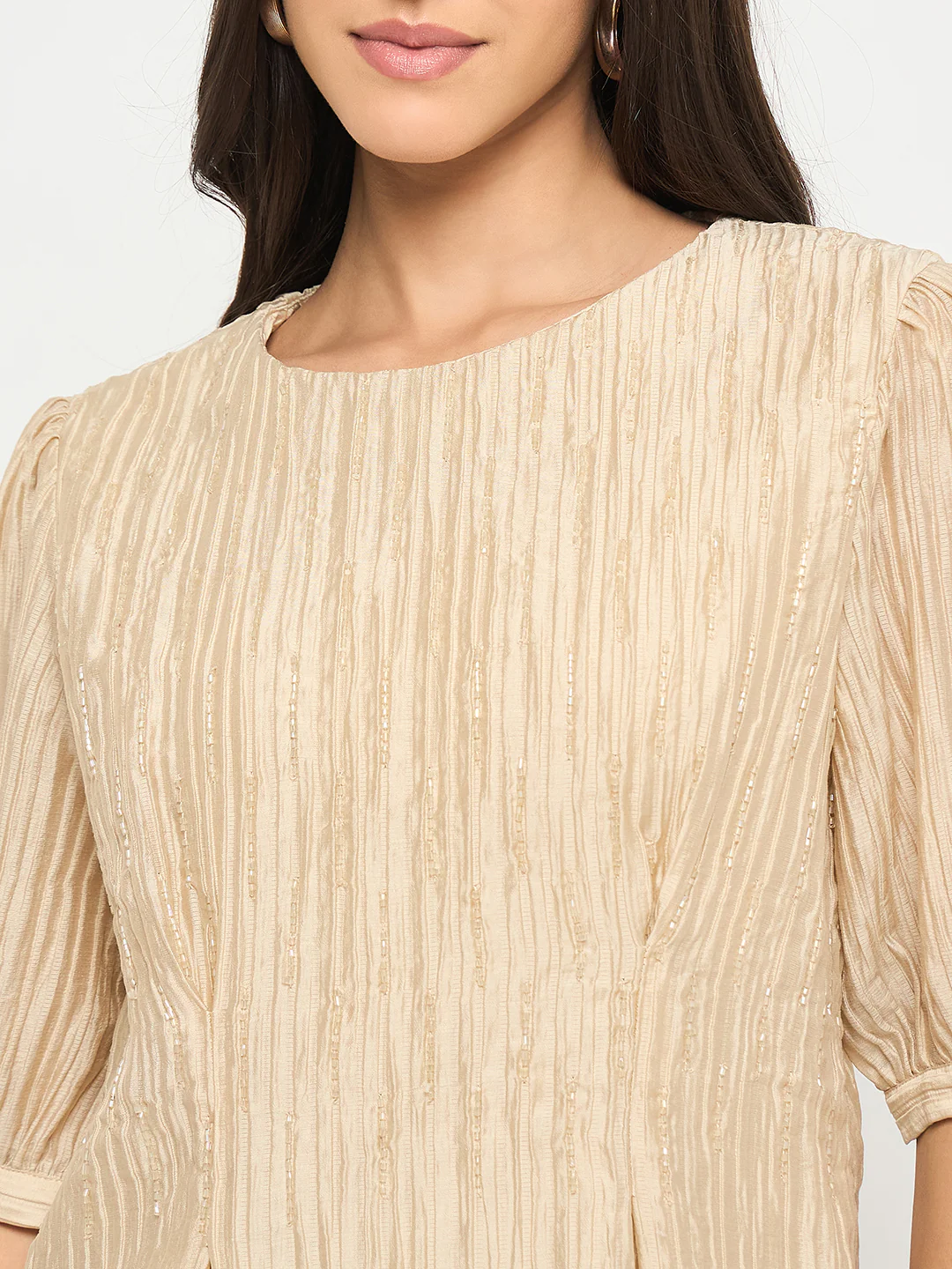 Madame Textured Embellished Tencel Blend Beige Top - Image 7