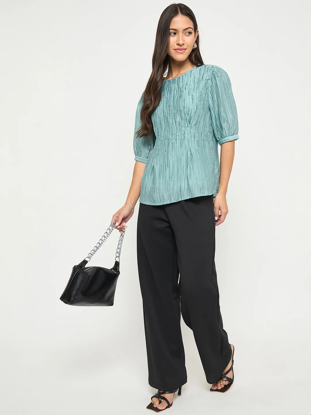 Madame Textured Embellished Tencel Blend Green Top - Image 2