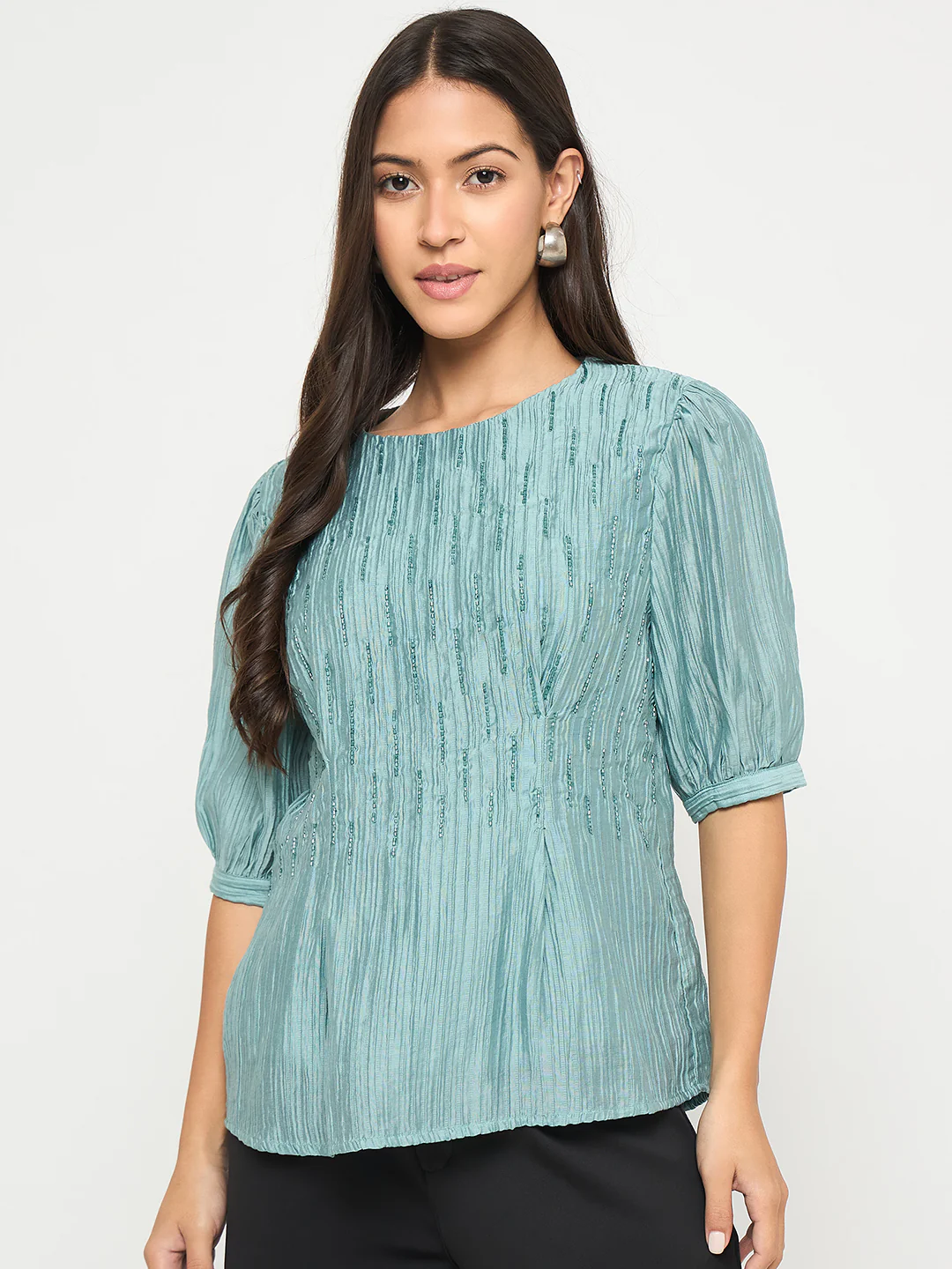 Madame Textured Embellished Tencel Blend Green Top - Image 3