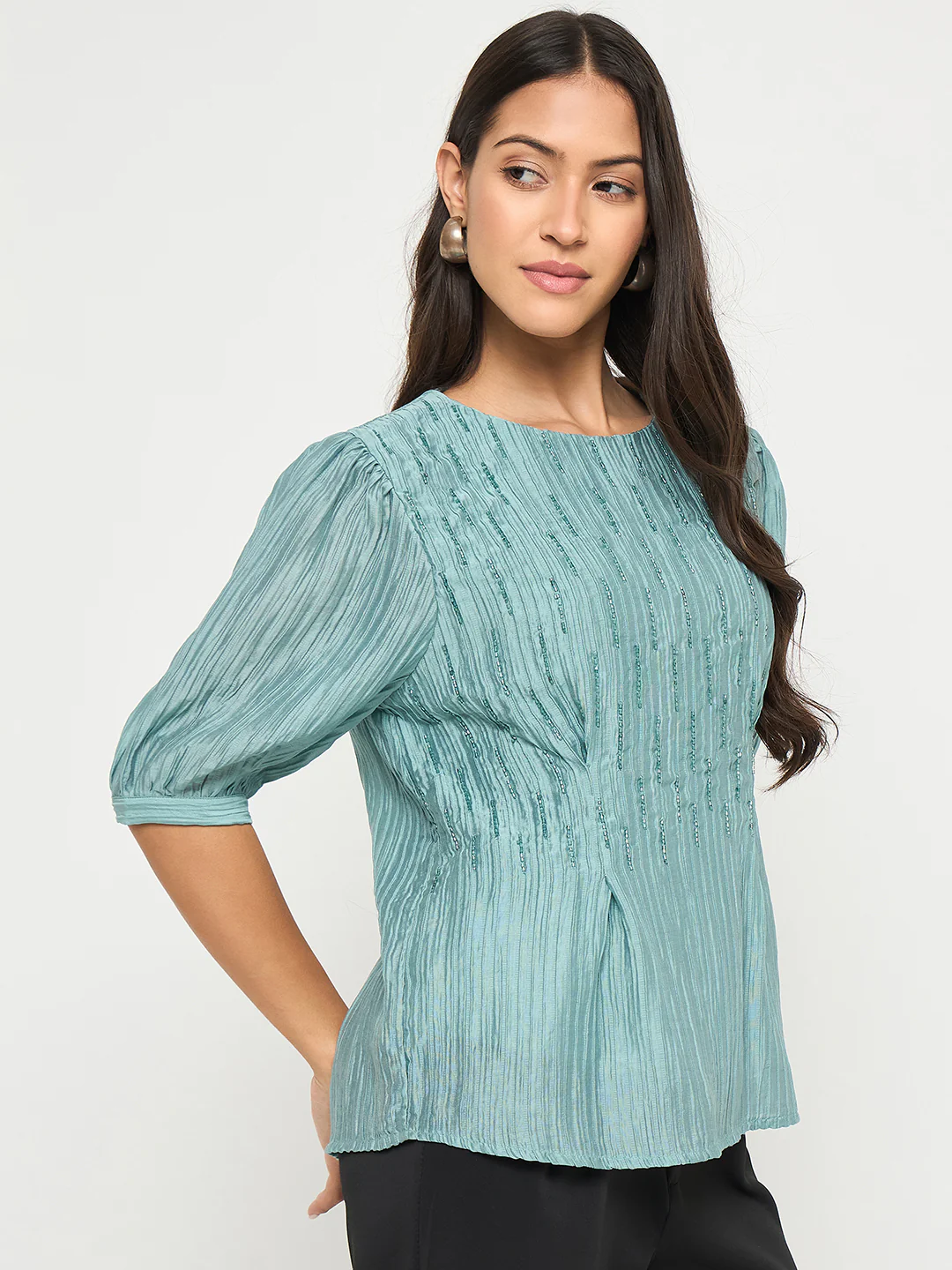 Madame Textured Embellished Tencel Blend Green Top - Image 4