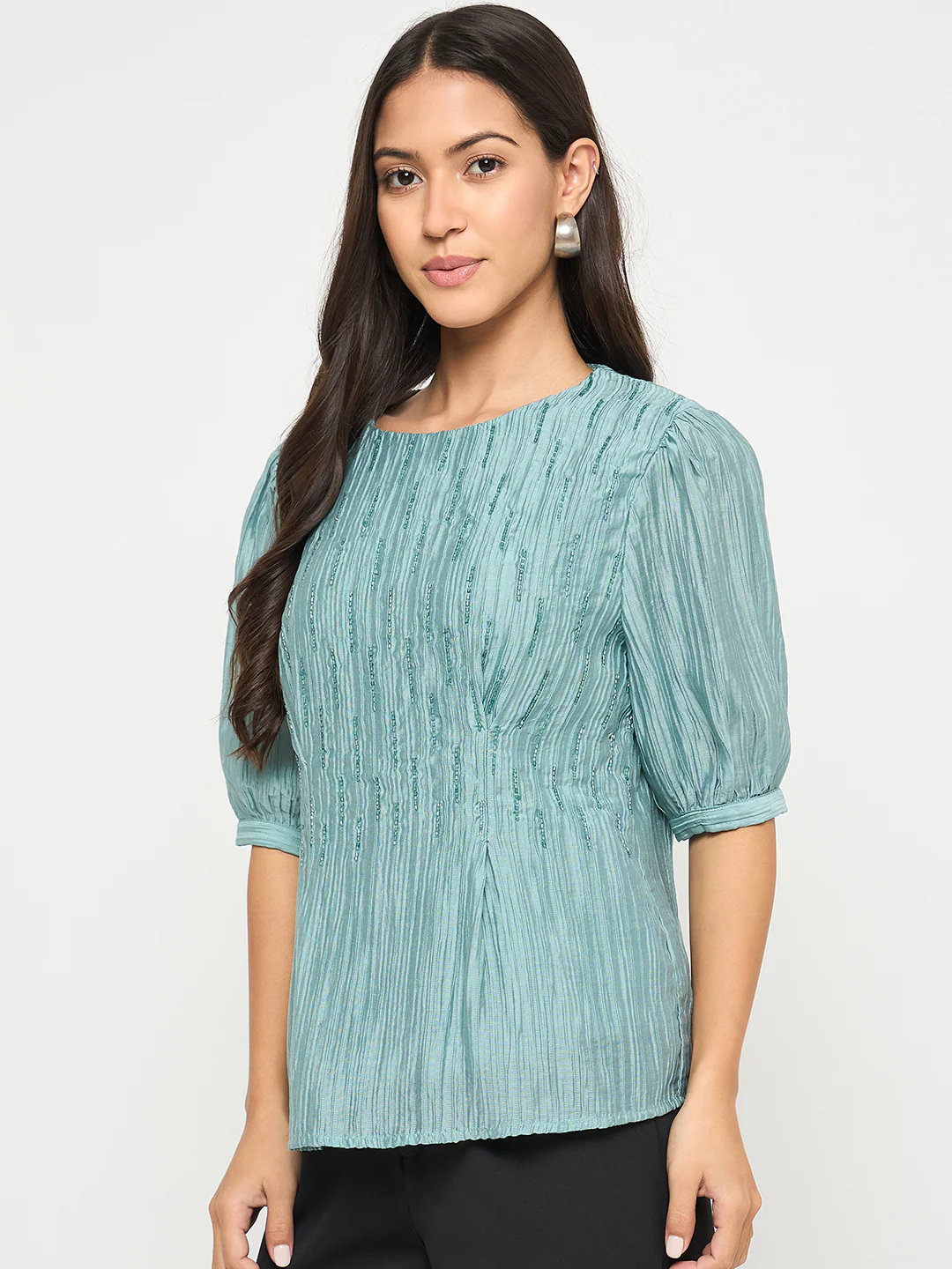 Madame Textured Embellished Tencel Blend Green Top - Image 5