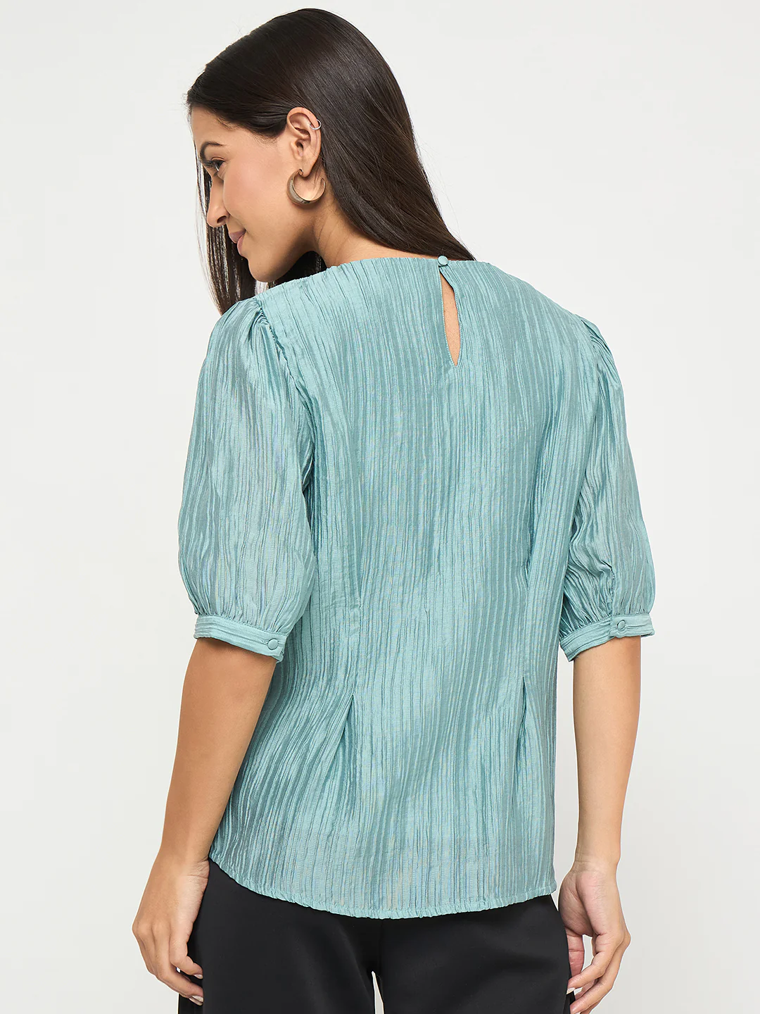Madame Textured Embellished Tencel Blend Green Top - Image 6