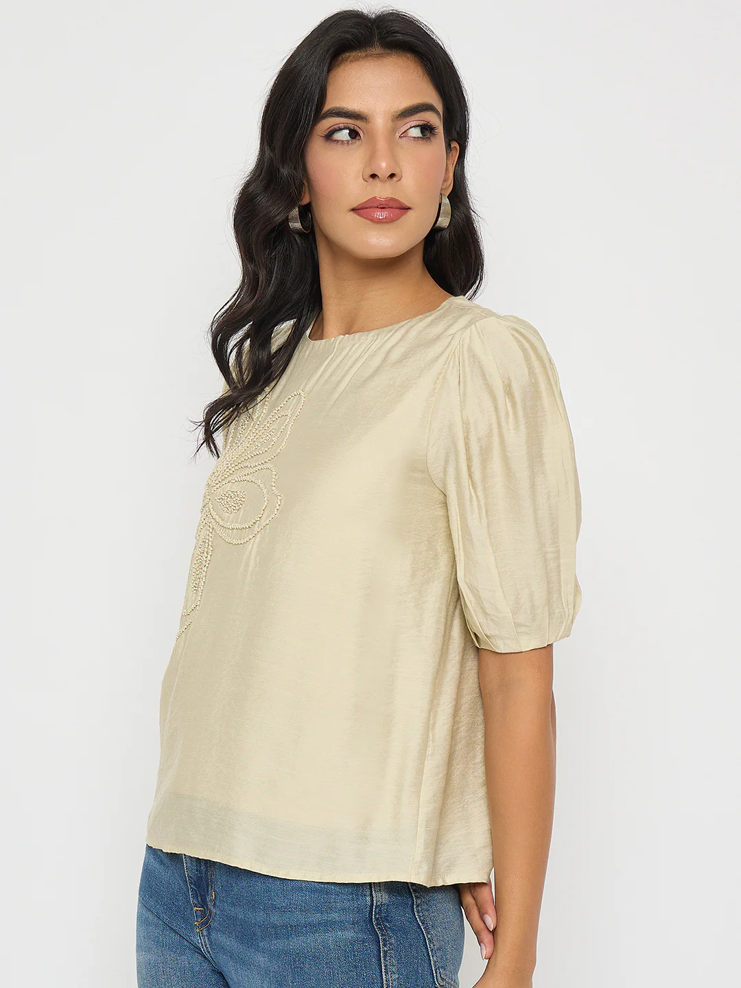 Madame Embellished Rayon Blend Beige Top - Image 5