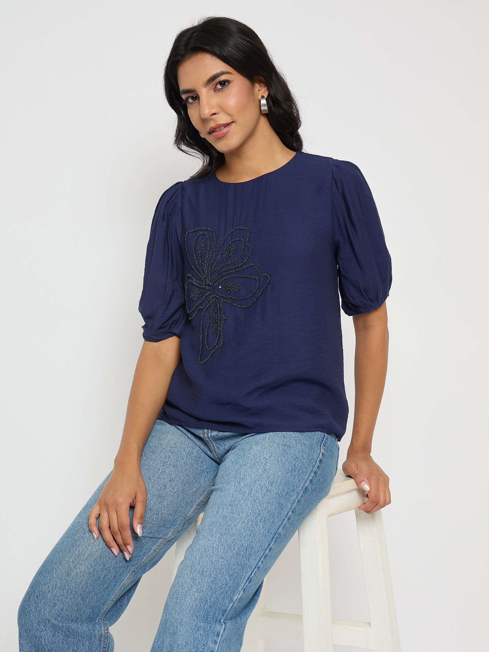 Madame Embellished Rayon Blend Navy Blue Top