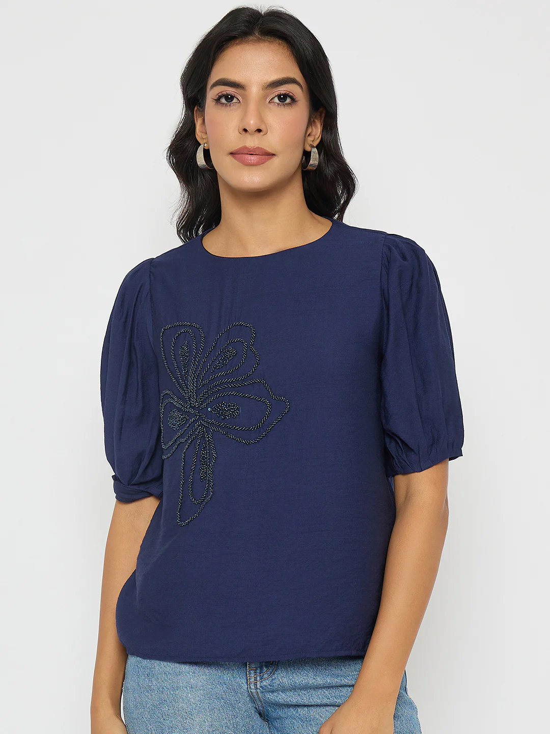 Madame Embellished Rayon Blend Navy Blue Top - Image 3