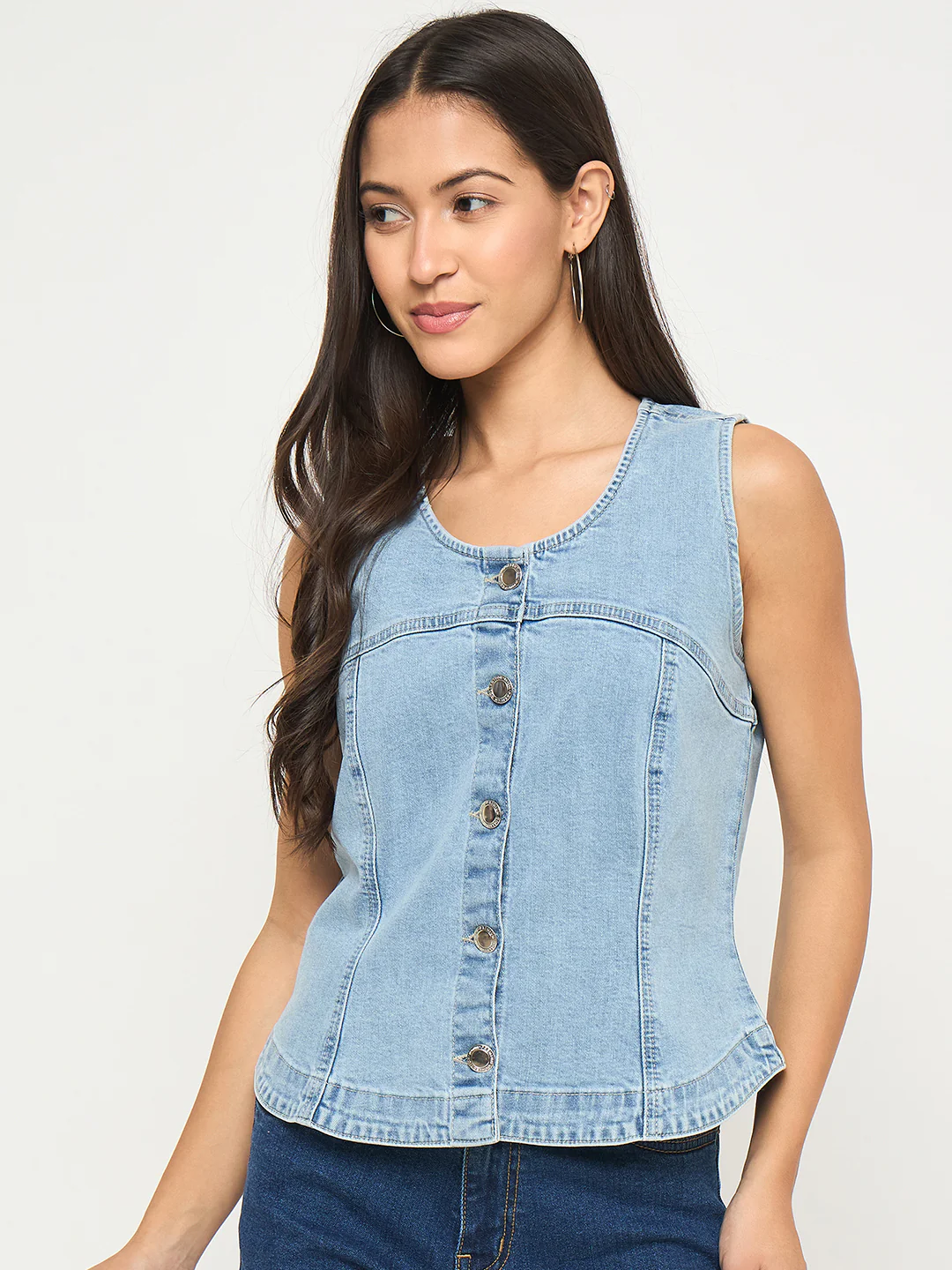 Madame Sleeveless Bright Blue Cotton Blend Bright Blue Top - Image 3