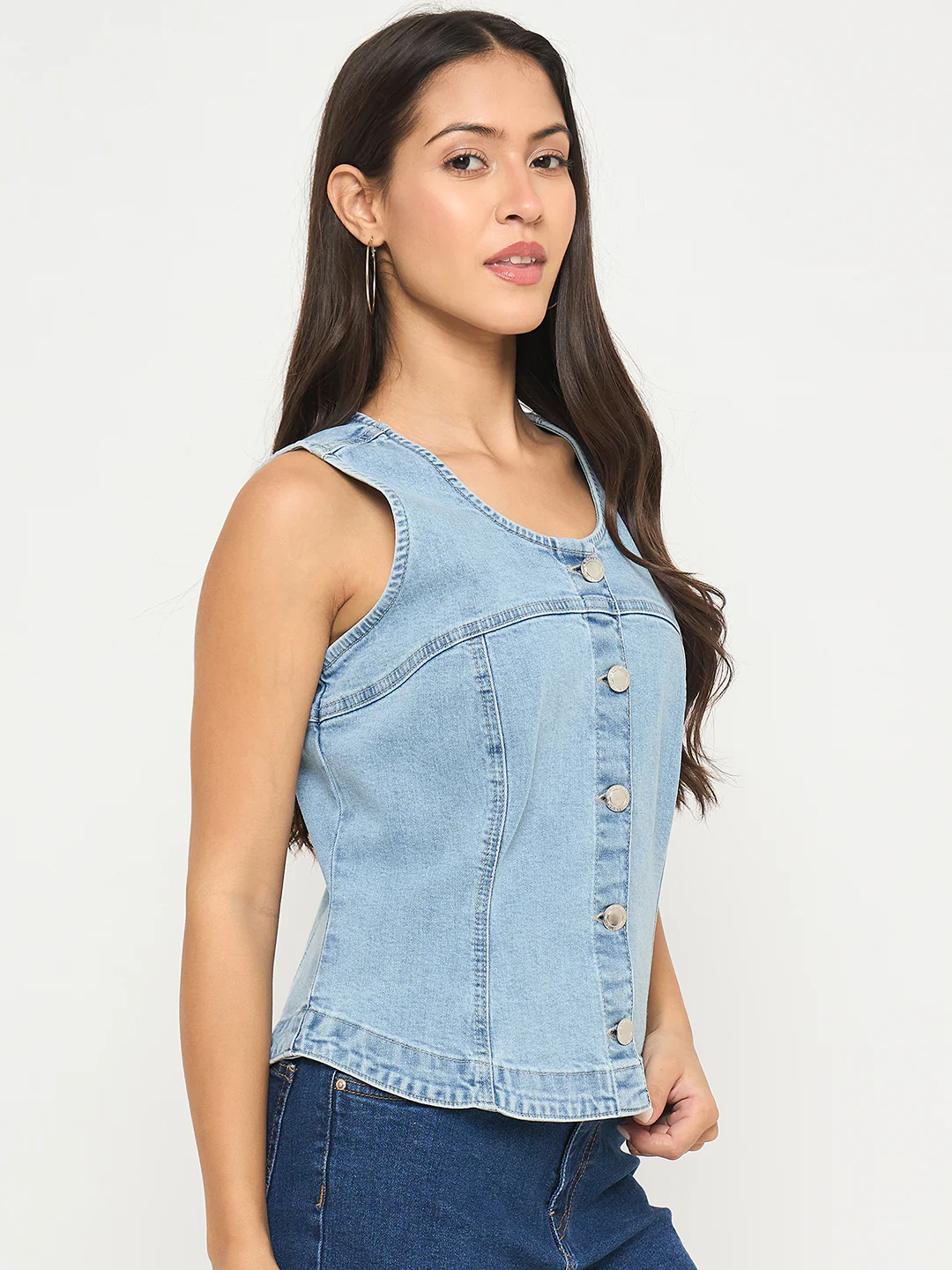 Madame Sleeveless Bright Blue Cotton Blend Bright Blue Top - Image 4