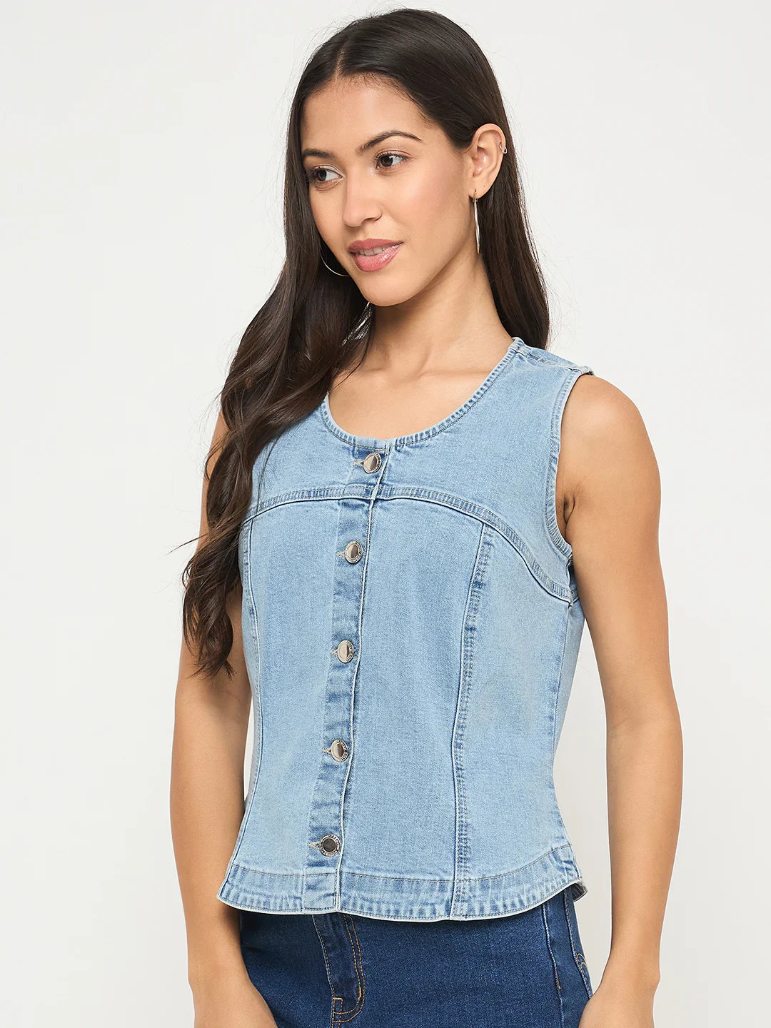 Madame Sleeveless Bright Blue Cotton Blend Bright Blue Top - Image 5