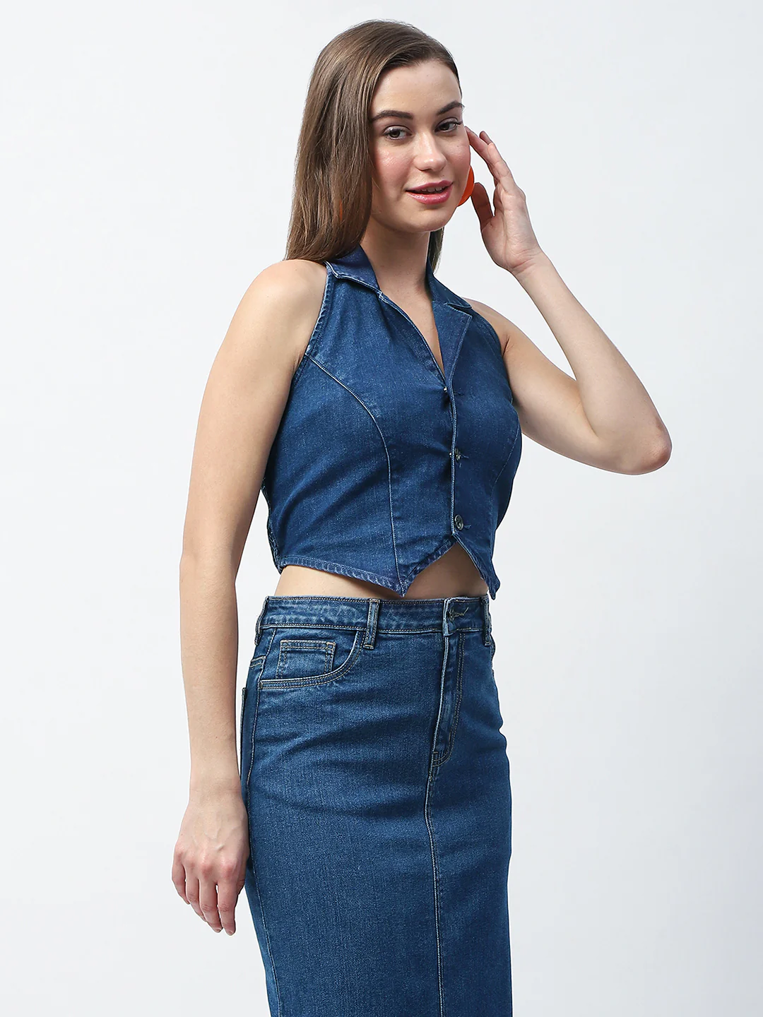 Madame Button-Down Dark Blue Halter Denim Crop Top - Image 5