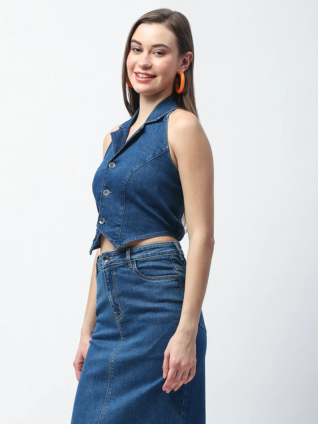 Madame Button-Down Dark Blue Halter Denim Crop Top - Image 6