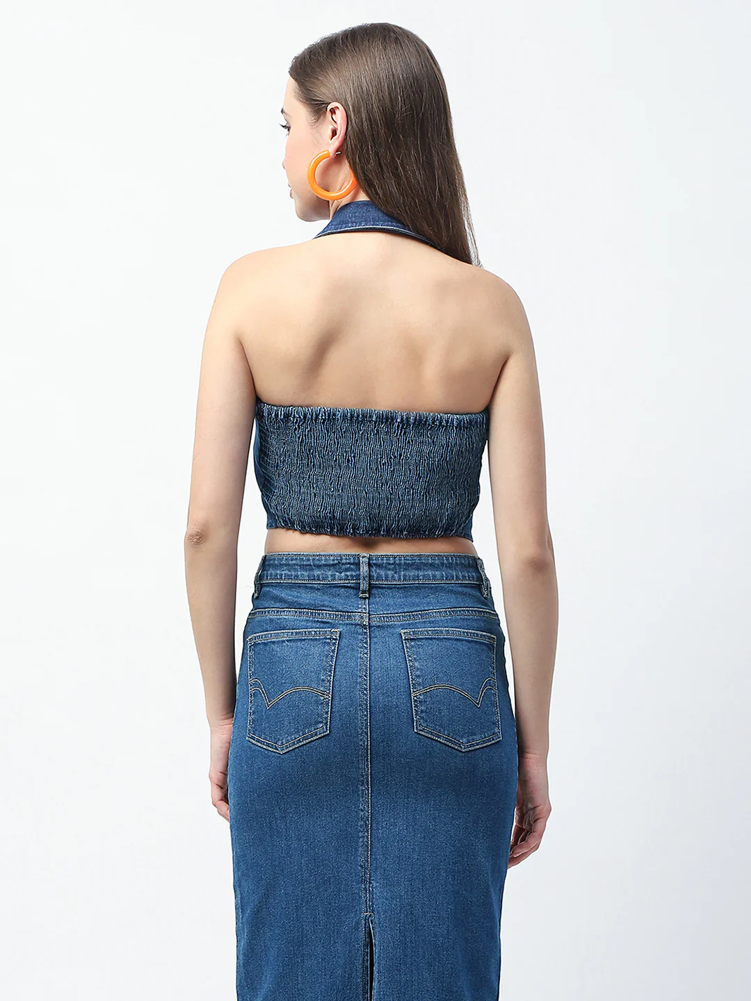Madame Button-Down Dark Blue Halter Denim Crop Top - Image 7