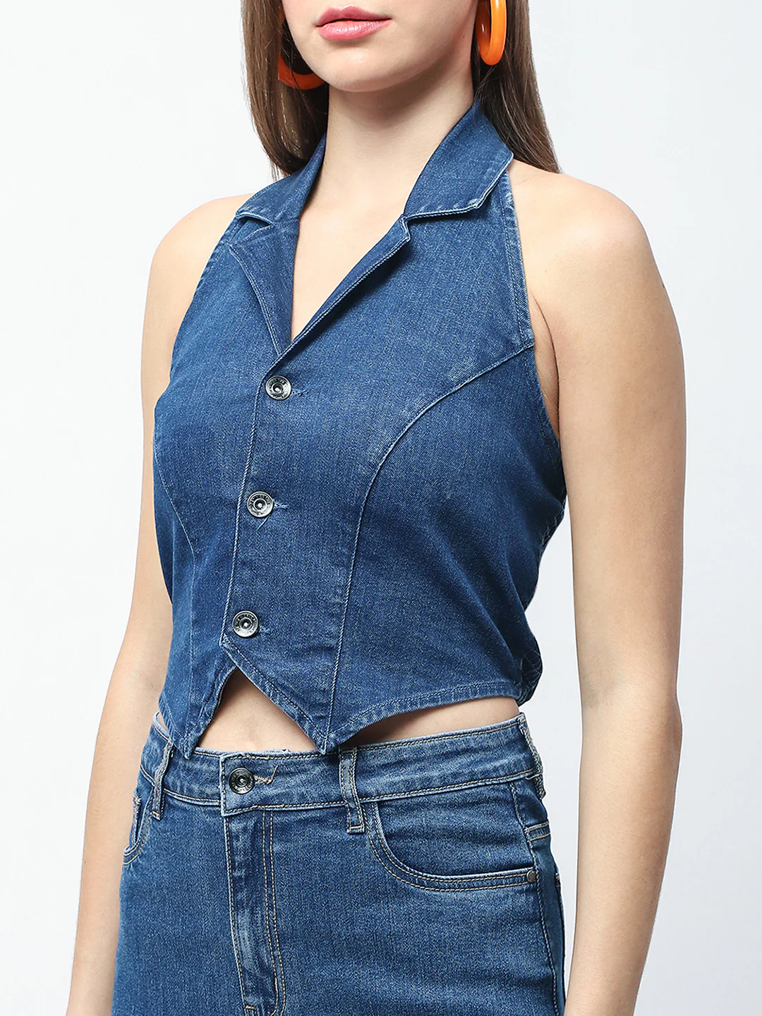 Madame Button-Down Dark Blue Halter Denim Crop Top - Image 8