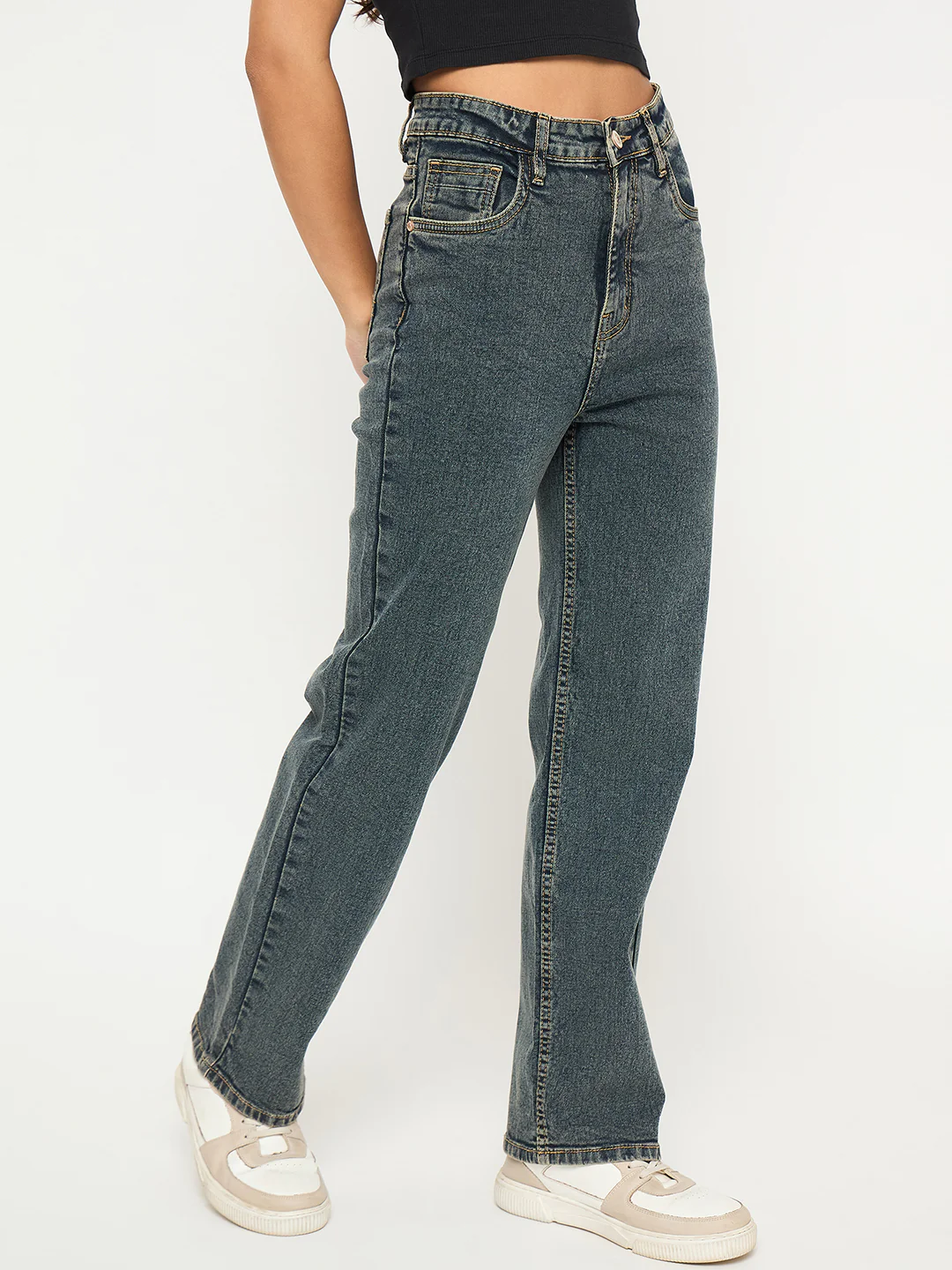 Madame Acid Wash Tinted Yellow Cotton Blend Jeans - Image 3