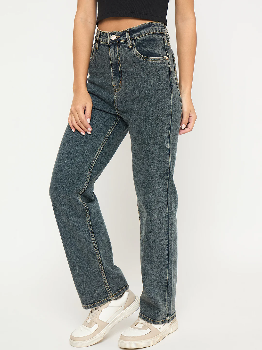Madame Acid Wash Tinted Yellow Cotton Blend Jeans - Image 4