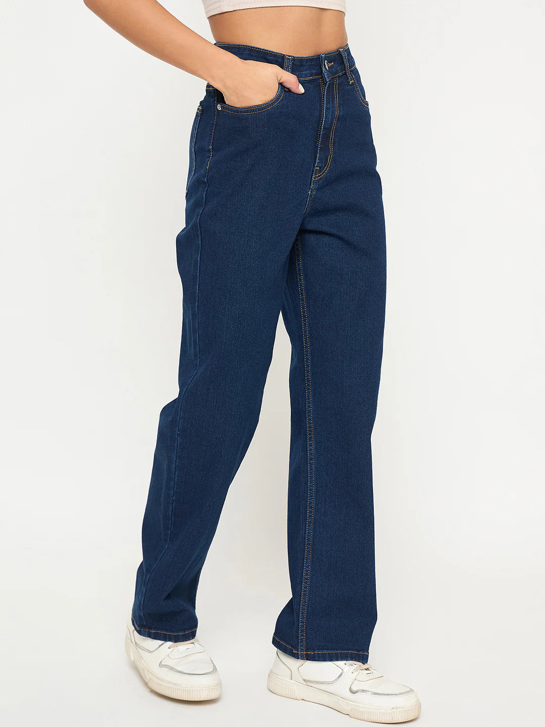 Madame Acid Wash Dark Blue Cotton Blend Straight Jeans - Image 3