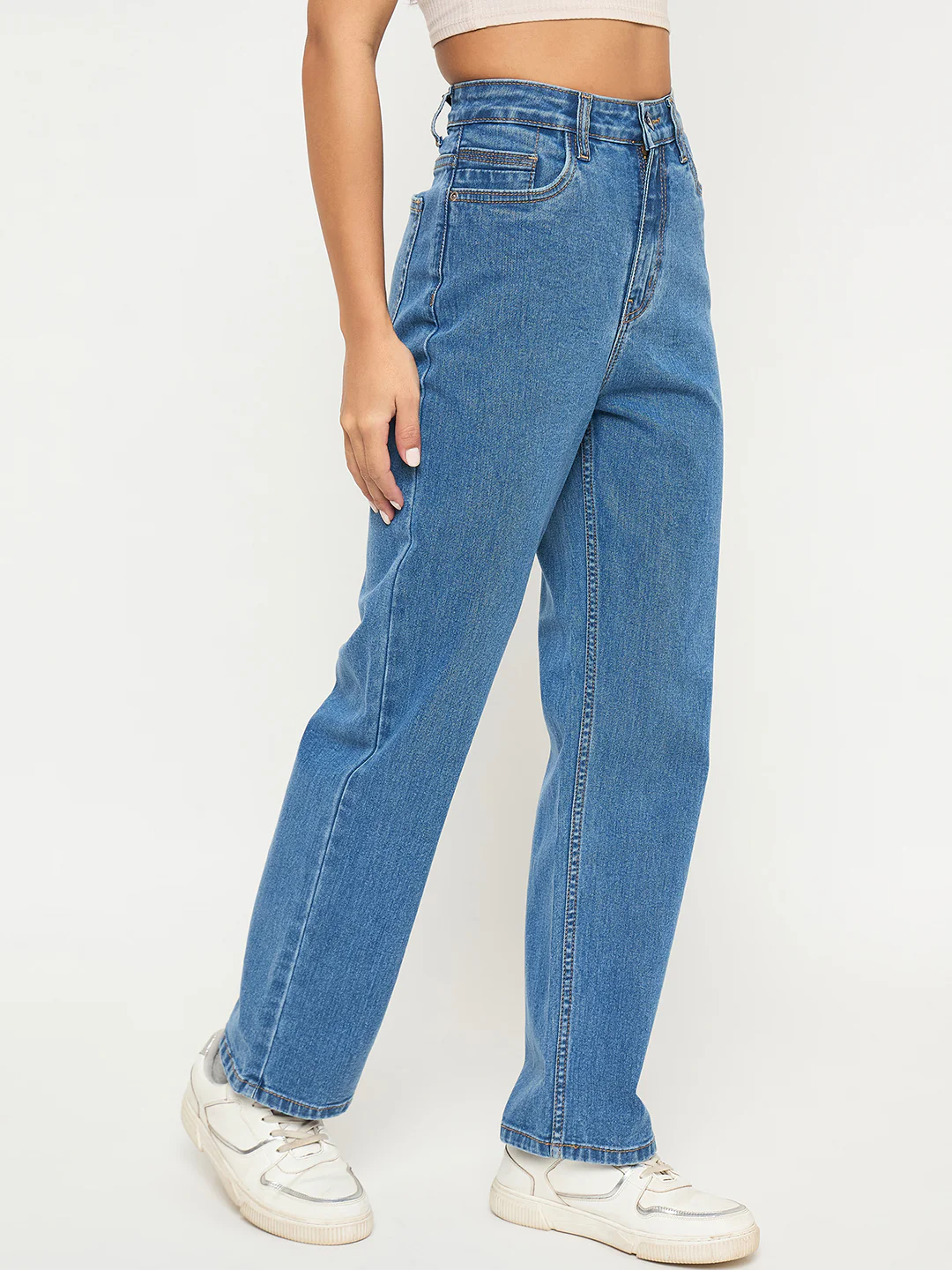 Madame Acid Wash Mid Blue Cotton Blend Straight Jeans - Image 3