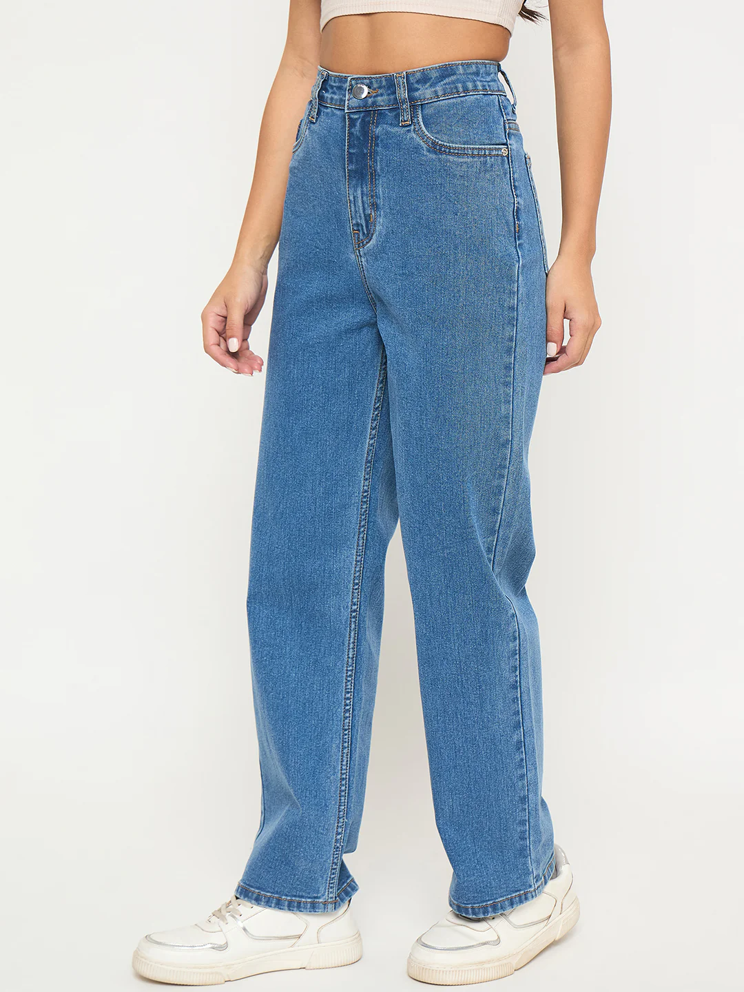 Madame Acid Wash Mid Blue Cotton Blend Straight Jeans - Image 4