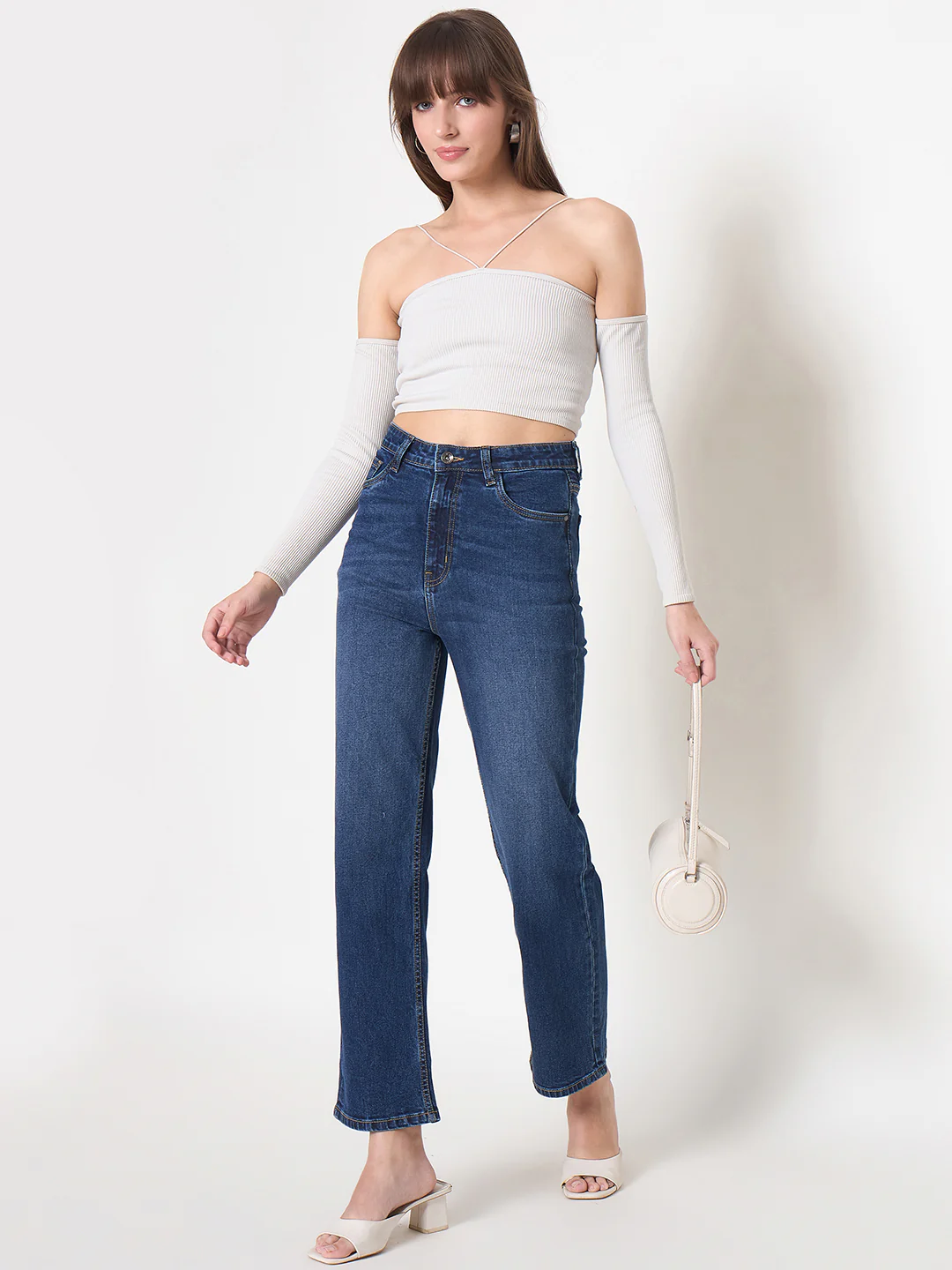 Madame Cotton Blend Rolled Hem Dark Blue Straight Denim Jeans