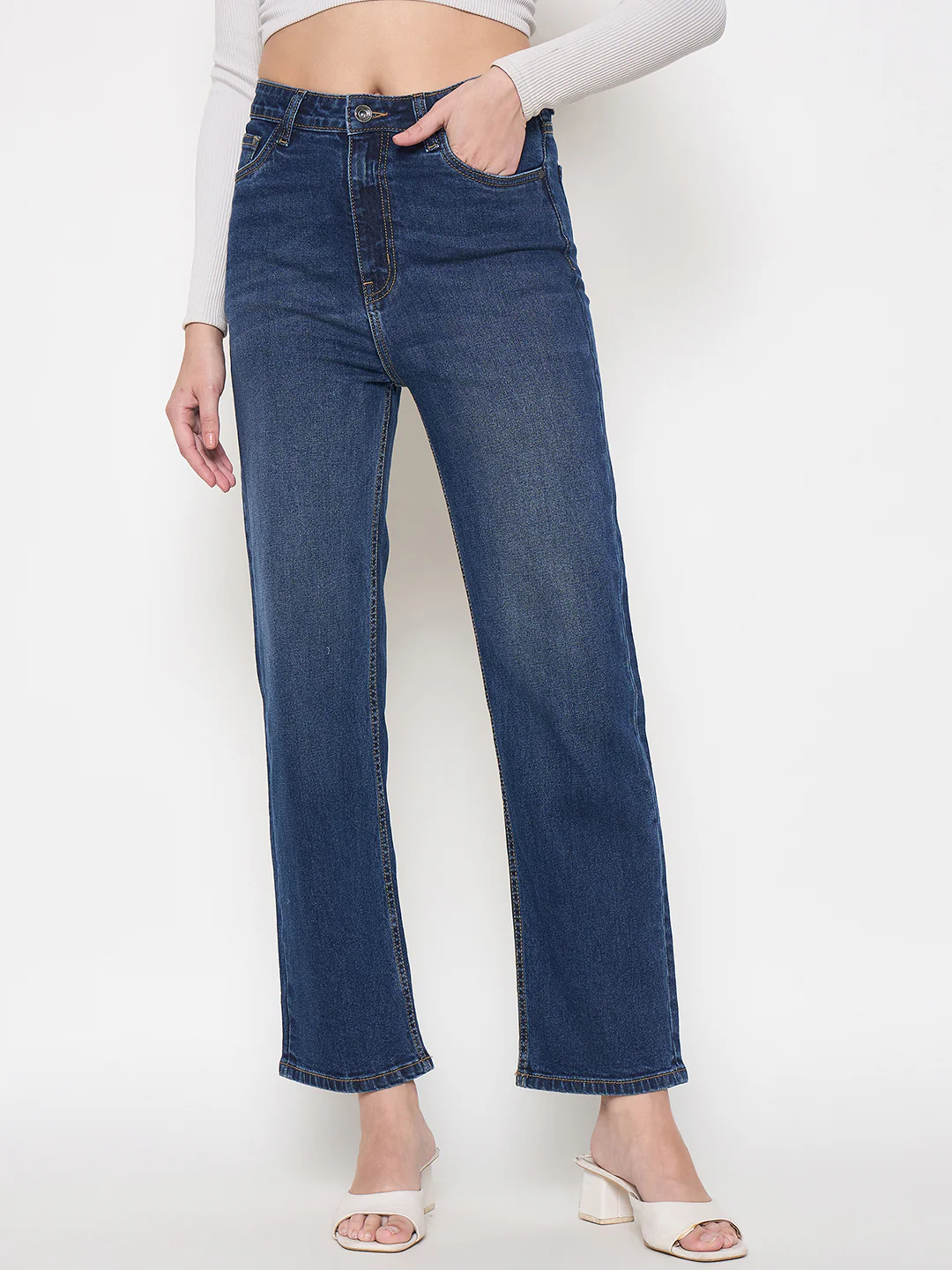 Madame Cotton Blend Rolled Hem Dark Blue Straight Denim Jeans - Image 3