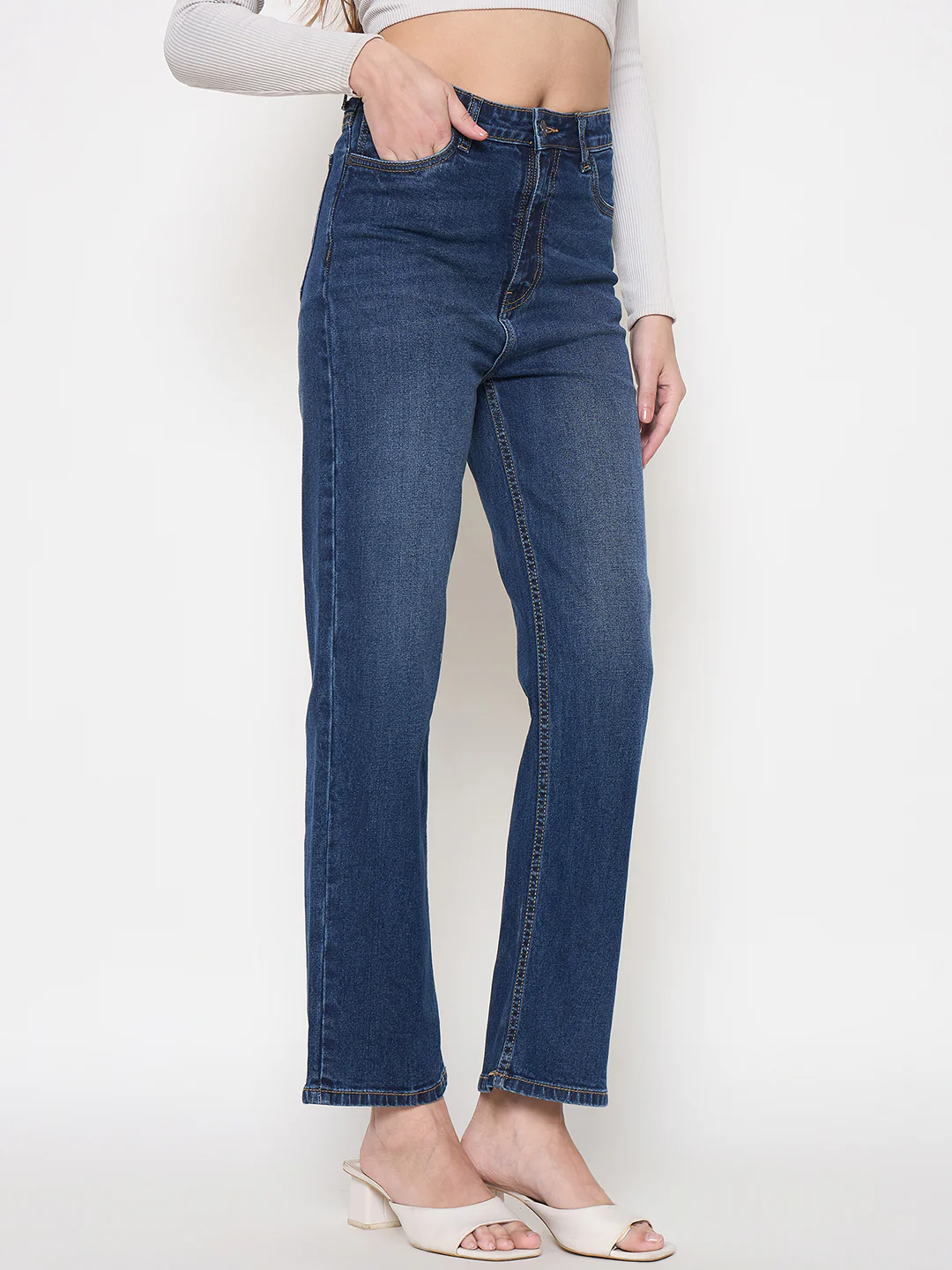 Madame Cotton Blend Rolled Hem Dark Blue Straight Denim Jeans - Image 4