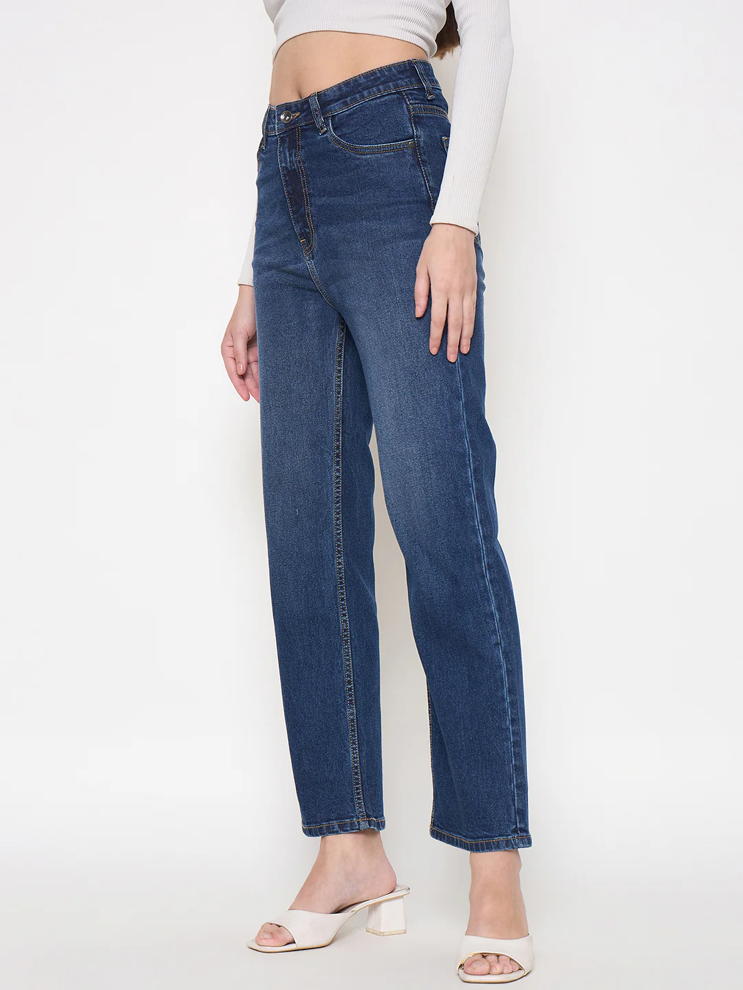 Madame Cotton Blend Rolled Hem Dark Blue Straight Denim Jeans - Image 5