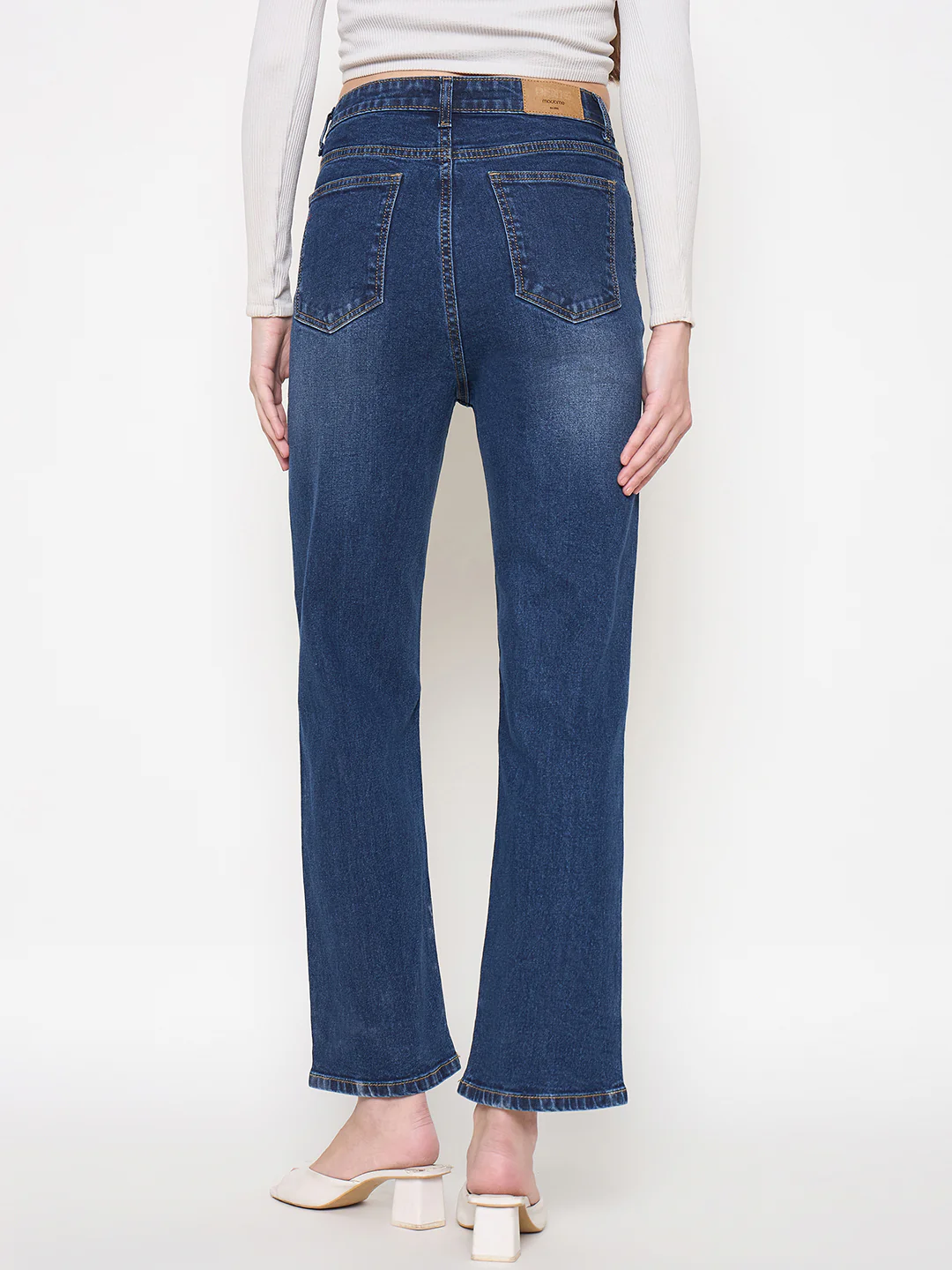 Madame Cotton Blend Rolled Hem Dark Blue Straight Denim Jeans - Image 6