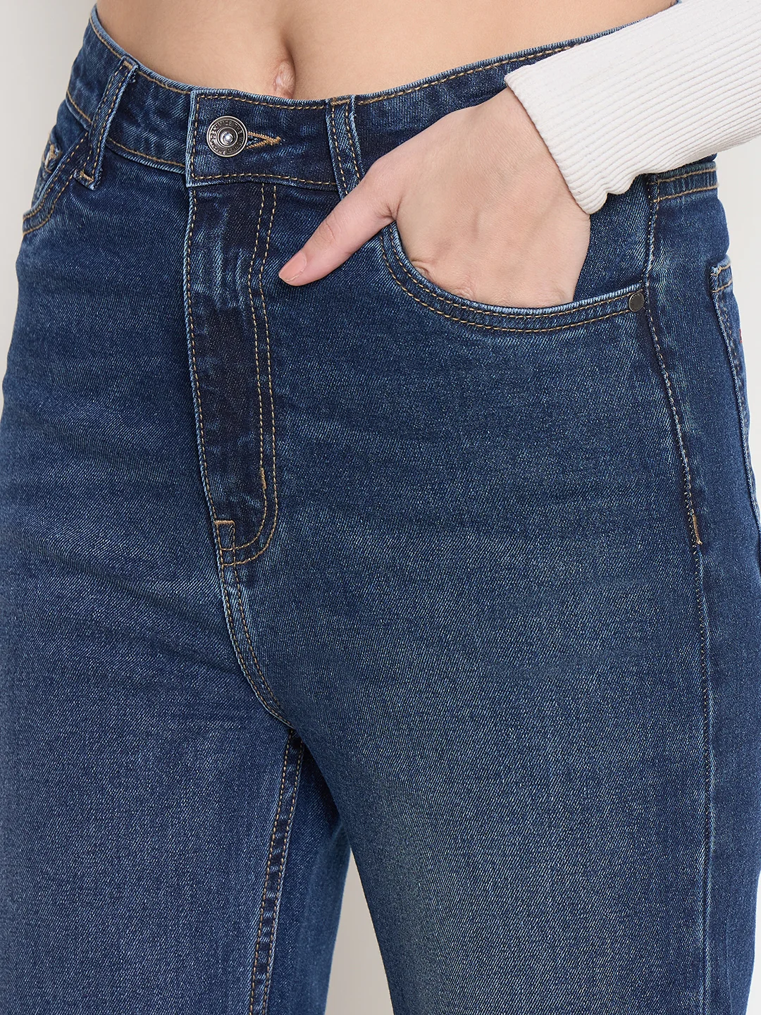 Madame Cotton Blend Rolled Hem Dark Blue Straight Denim Jeans - Image 7