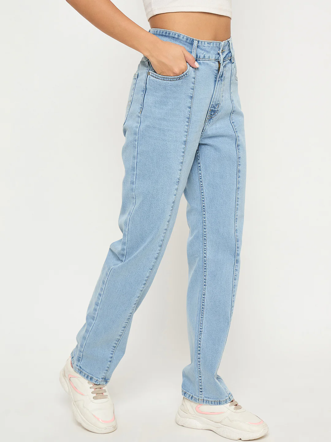 Madame Pintuck Detailed Bright Blue Cotton Blend Jeans - Image 3