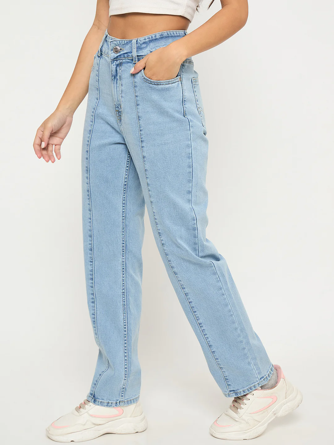 Madame Pintuck Detailed Bright Blue Cotton Blend Jeans - Image 4